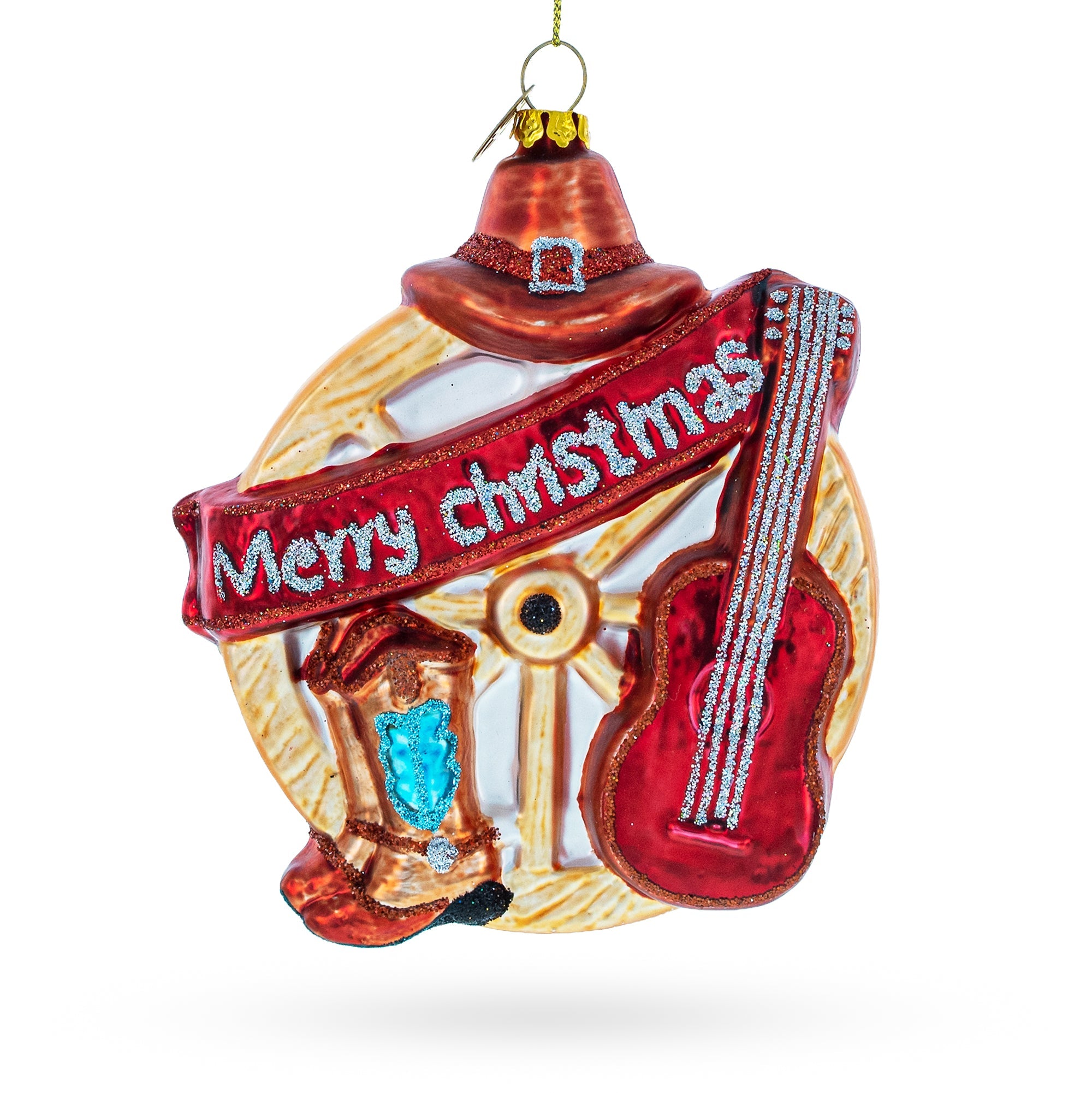 Western Ensemble With Guitar, Cowboy Boots, Hat, And Wheel - Festive Blown Glass Christmas Ornament