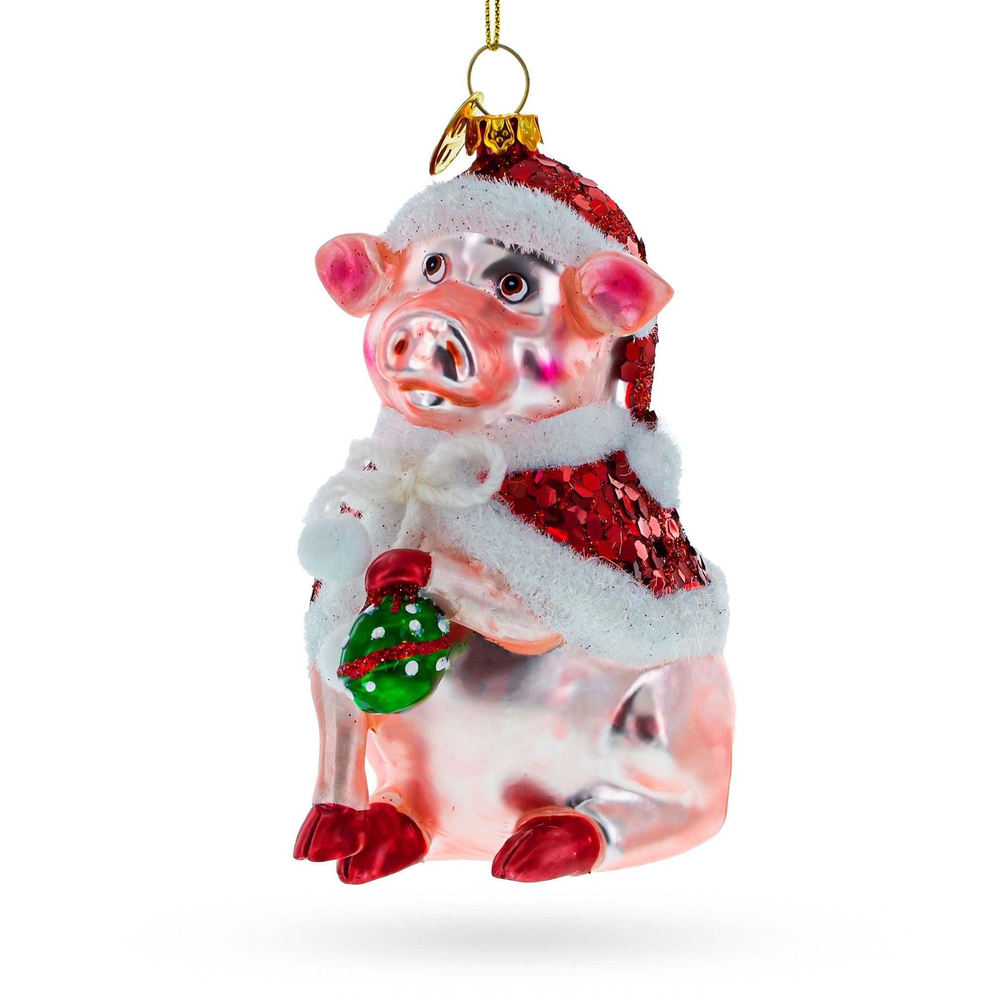 Festive Pig Donning A Santa Hat - Premium Blown Glass Christmas Ornament