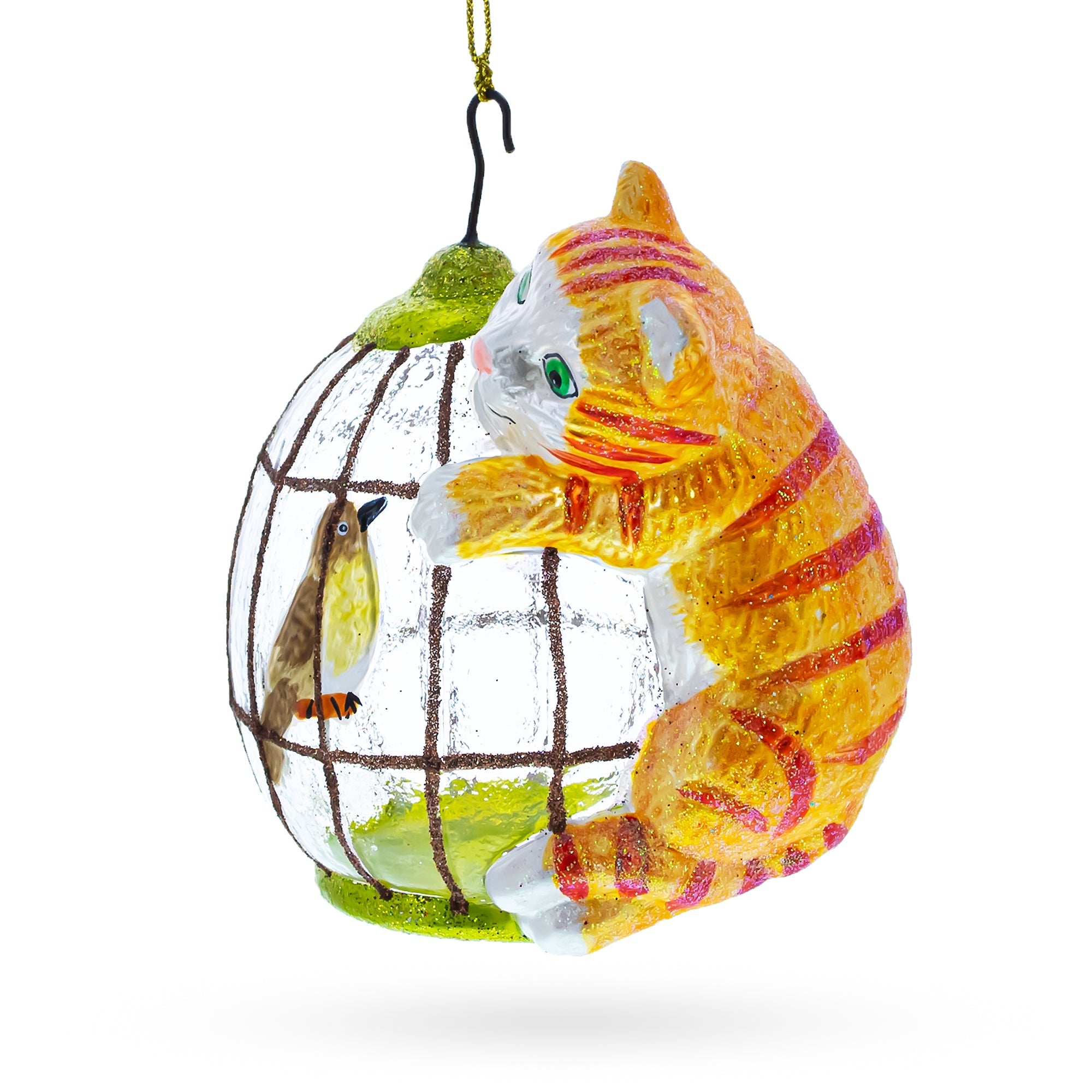 Whimsical Cat Perched On Bird Cage - Unique Blown Glass Christmas Ornament