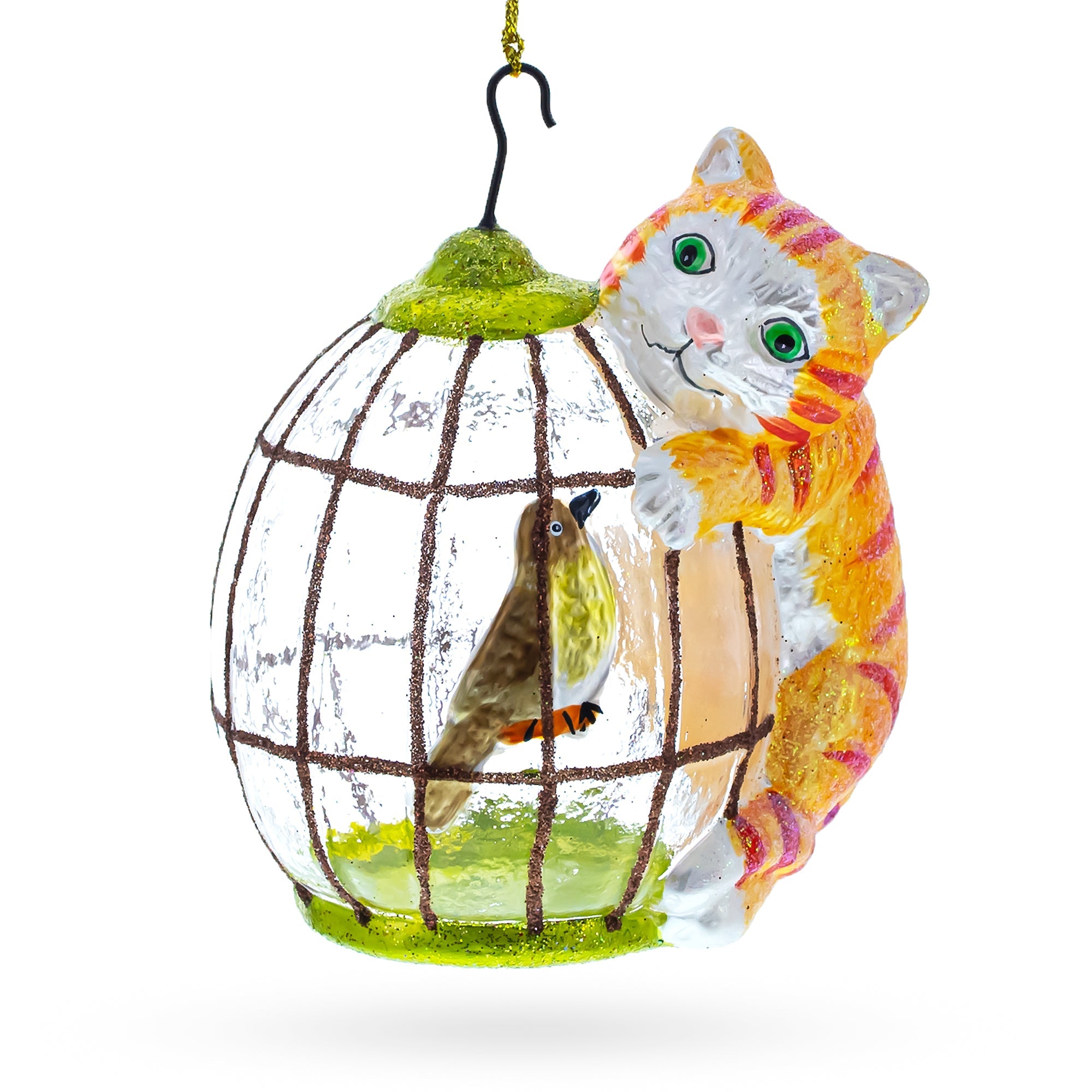 Whimsical Cat Perched On Bird Cage - Unique Blown Glass Christmas Ornament