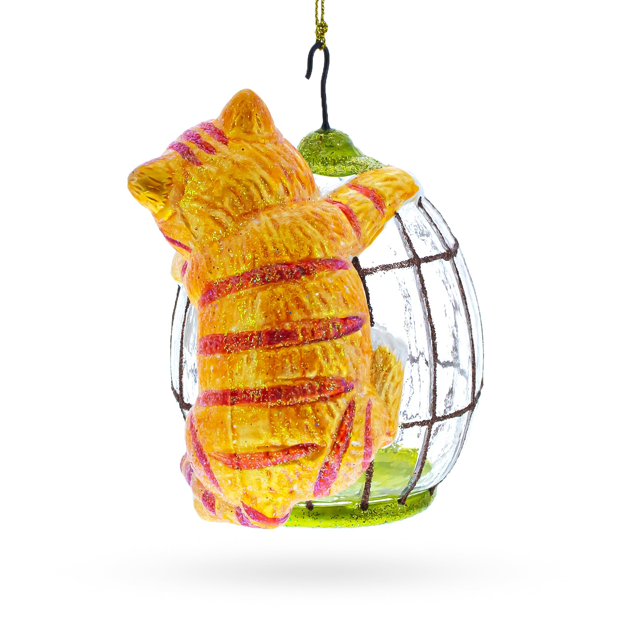 Whimsical Cat Perched On Bird Cage - Unique Blown Glass Christmas Ornament