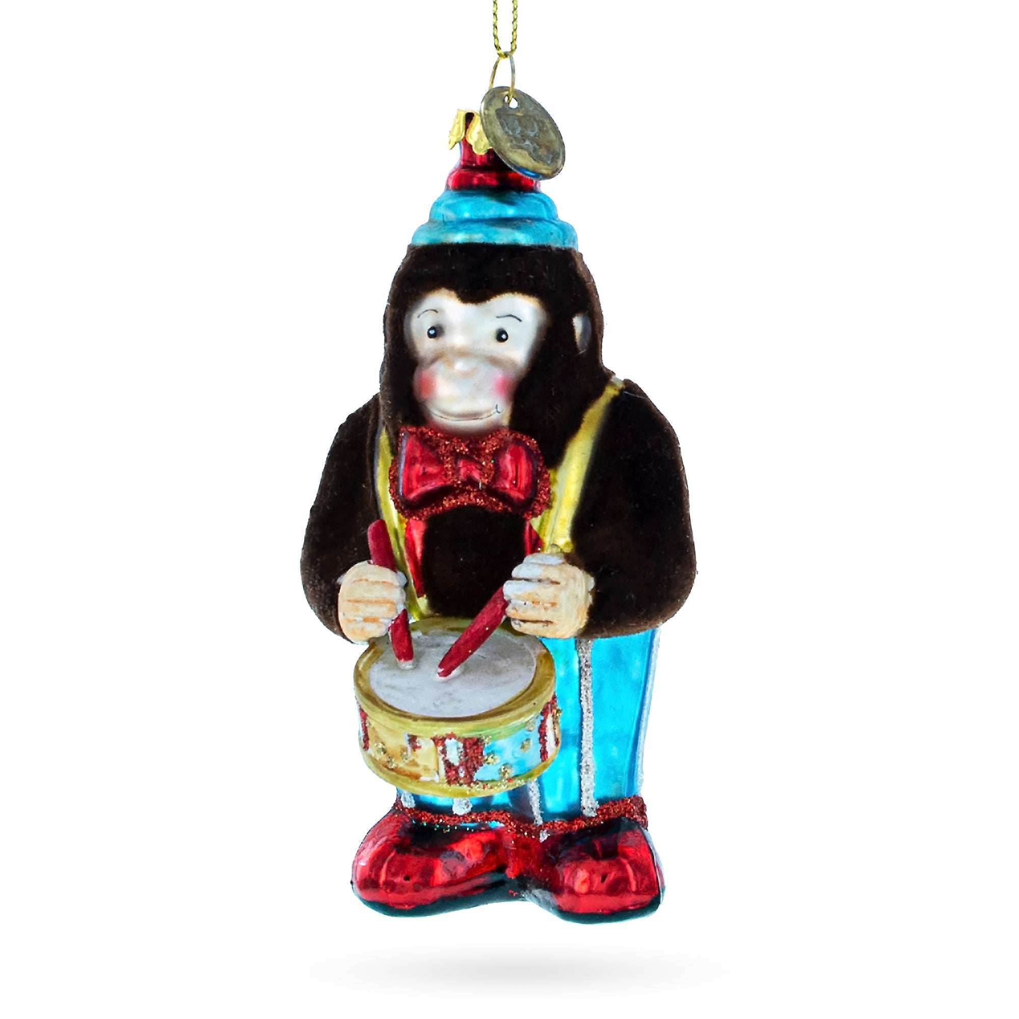 Playful Fluffy Monkey Drumming - Artisan Blown Glass Christmas Ornament