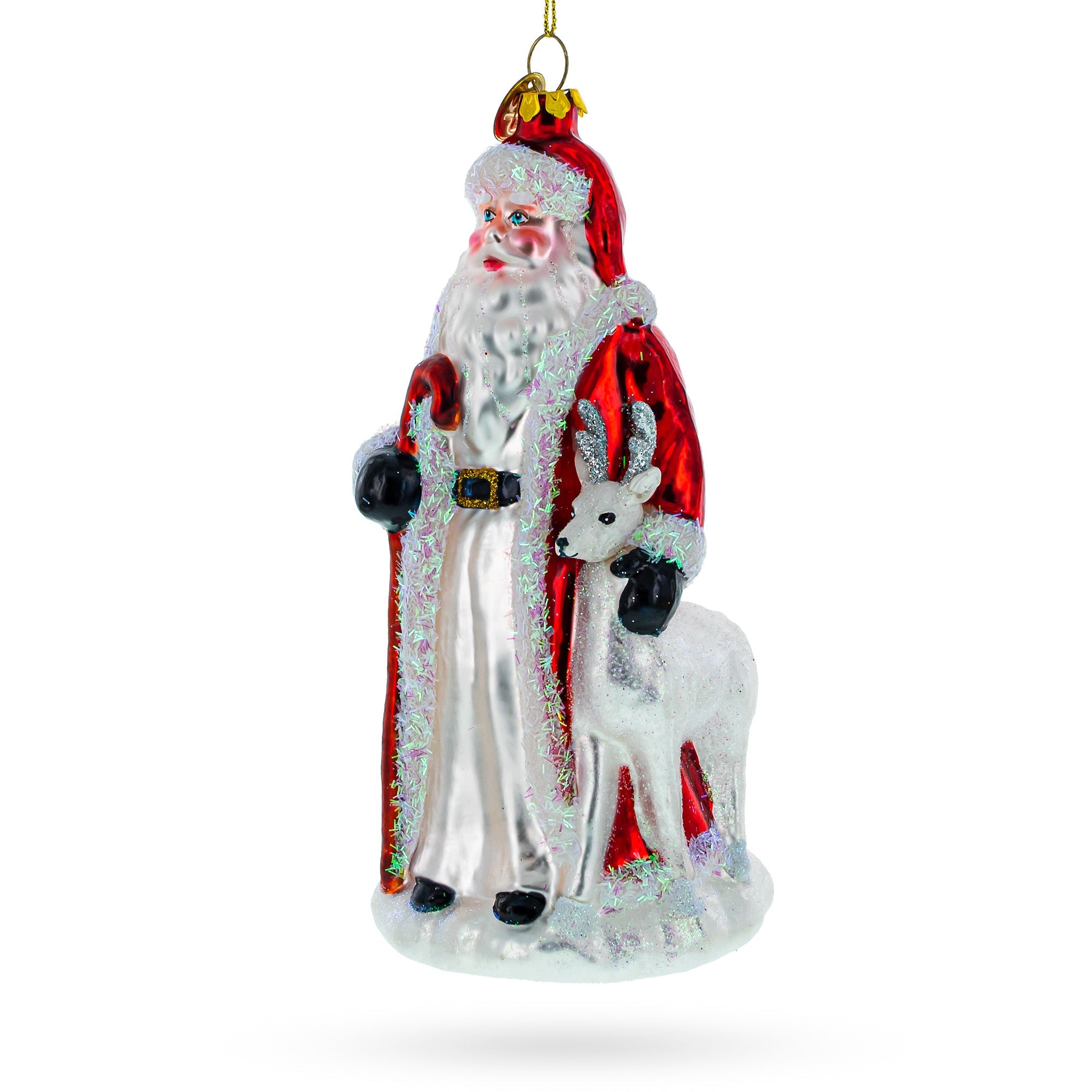 Santa Claus Guided By White Reindeer - Festive Blown Glass Christmas Ornament