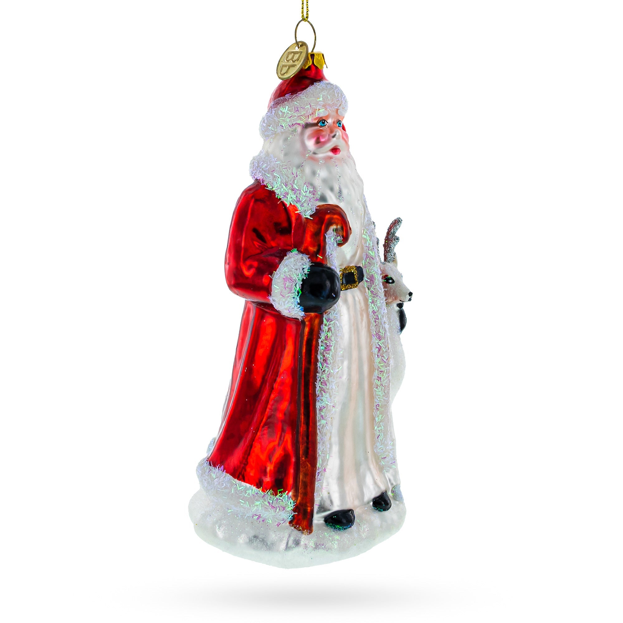 Santa Claus Guided By White Reindeer - Festive Blown Glass Christmas Ornament