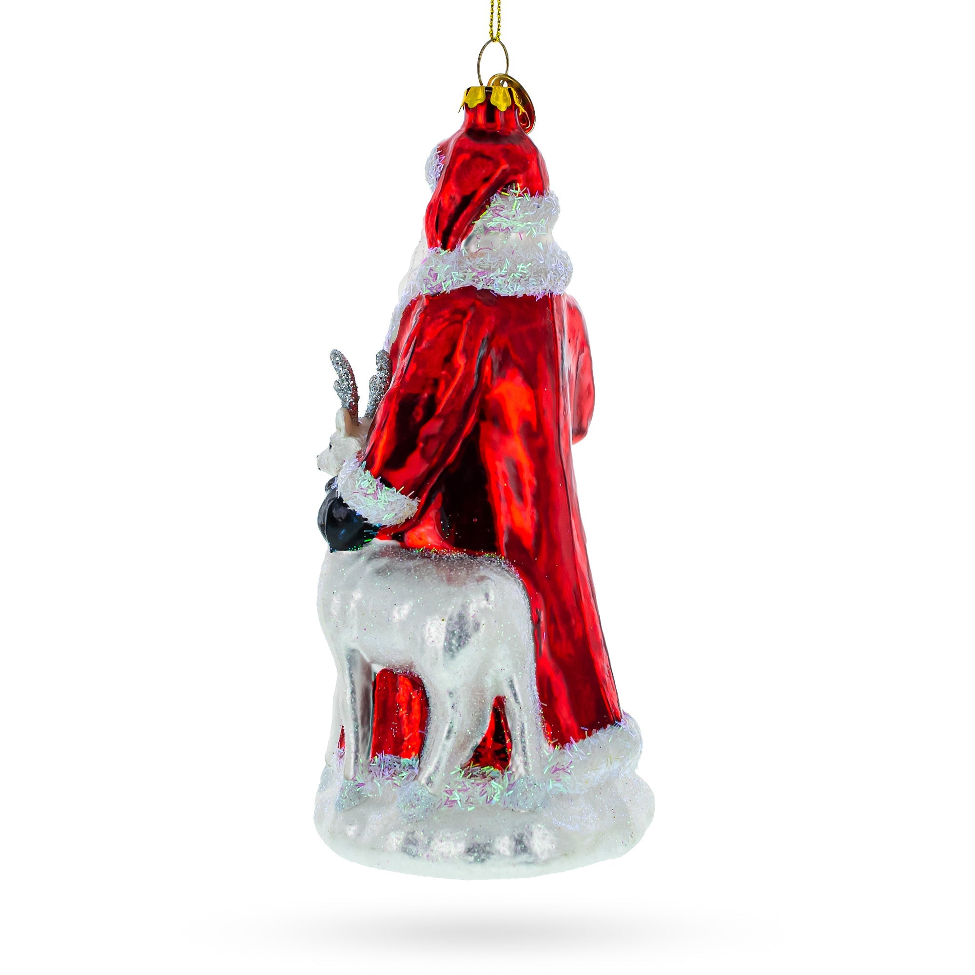 Santa Claus Guided By White Reindeer - Festive Blown Glass Christmas Ornament