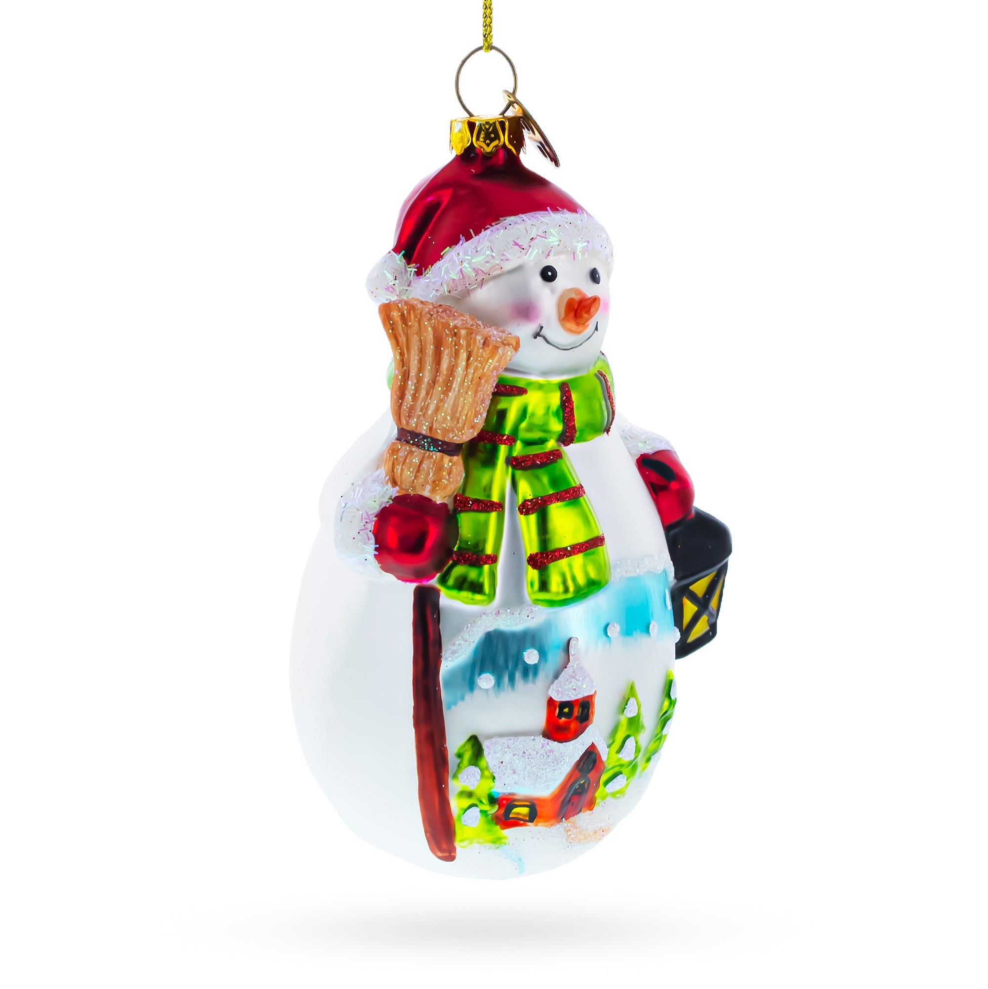 Charming Snowman Holding Broom And Lantern - Festive Blown Glass Christmas Ornament