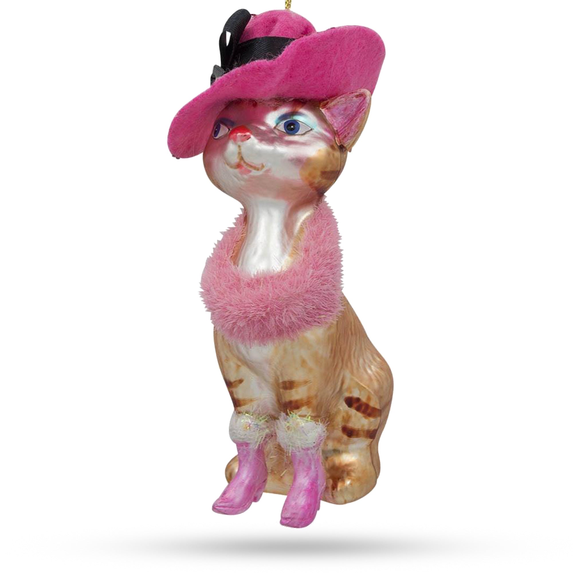 Elegant Lady Cat With Pink Hat - Masterful Blown Glass Christmas Ornament