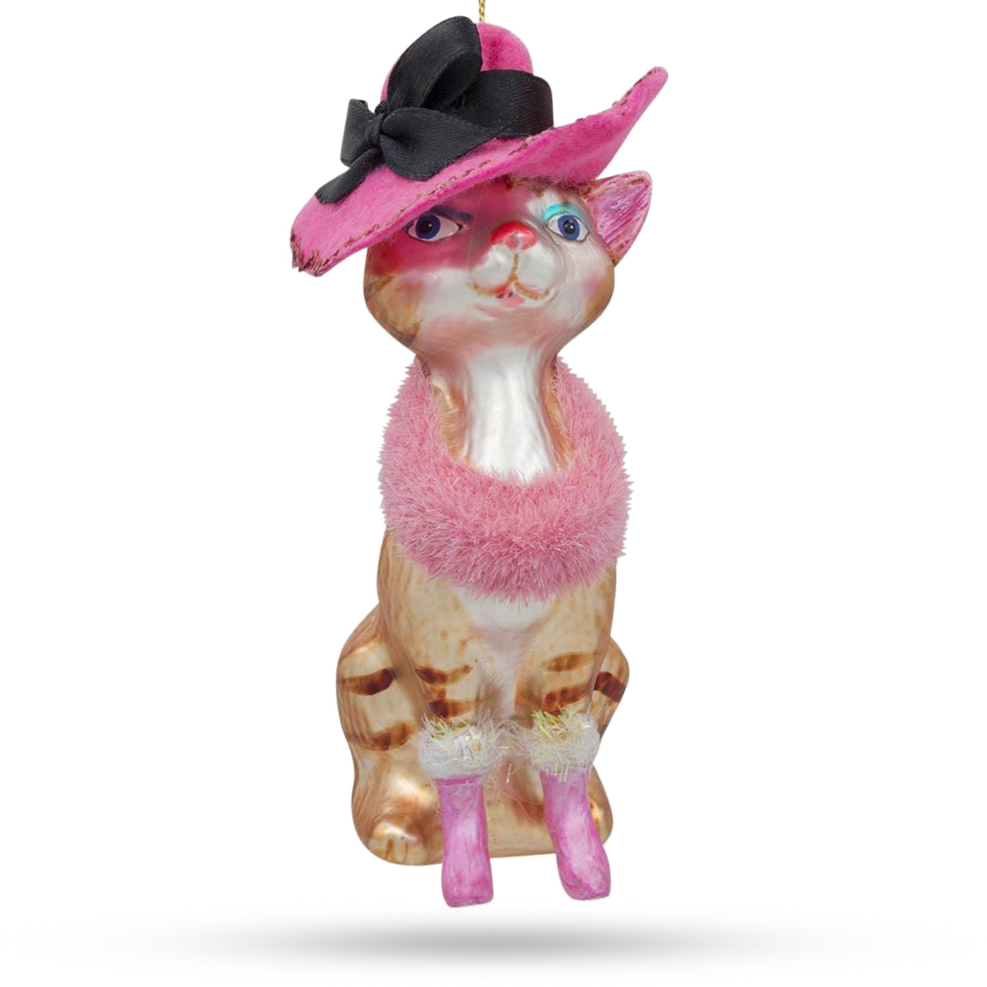 Elegant Lady Cat With Pink Hat - Masterful Blown Glass Christmas Ornament