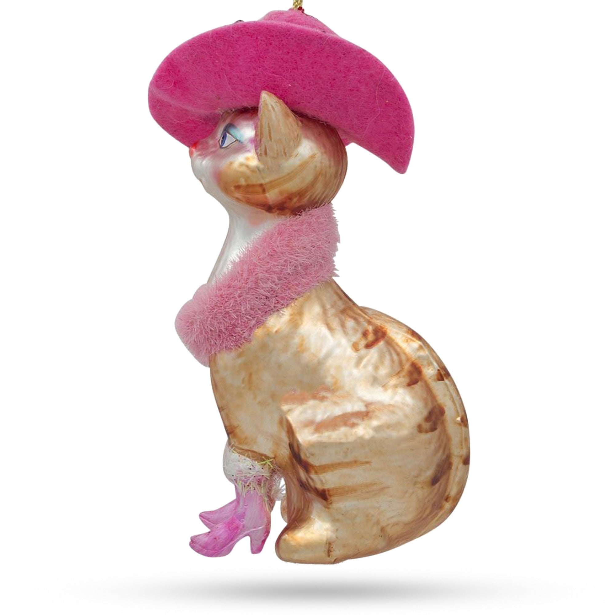 Elegant Lady Cat With Pink Hat - Masterful Blown Glass Christmas Ornament