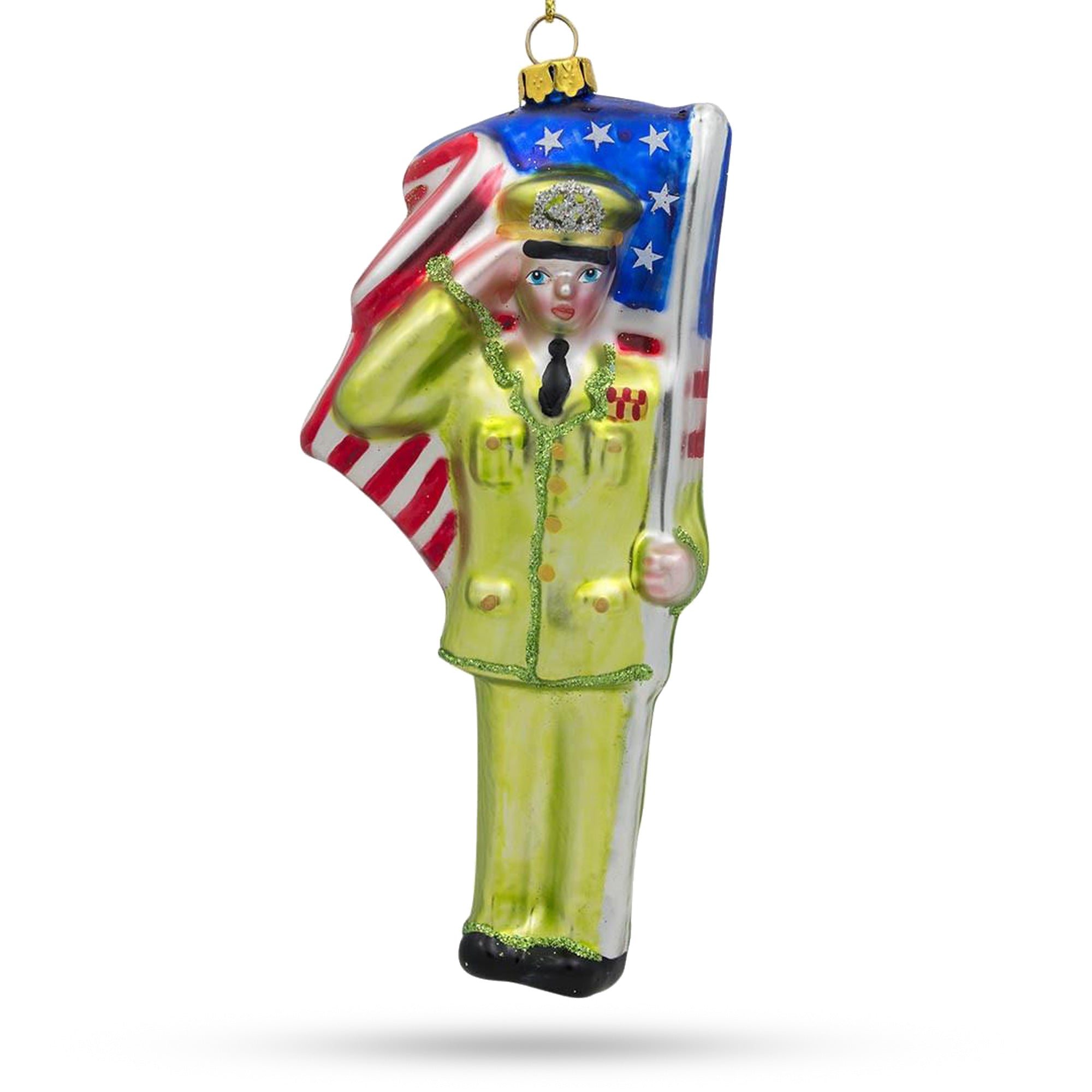 Usa Army Soldier With Flag - Handcrafted Blown Glass Christmas Ornament