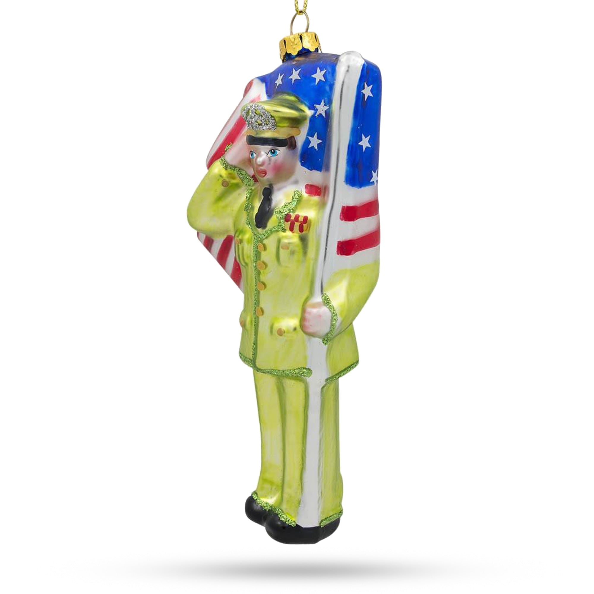 Usa Army Soldier With Flag - Handcrafted Blown Glass Christmas Ornament