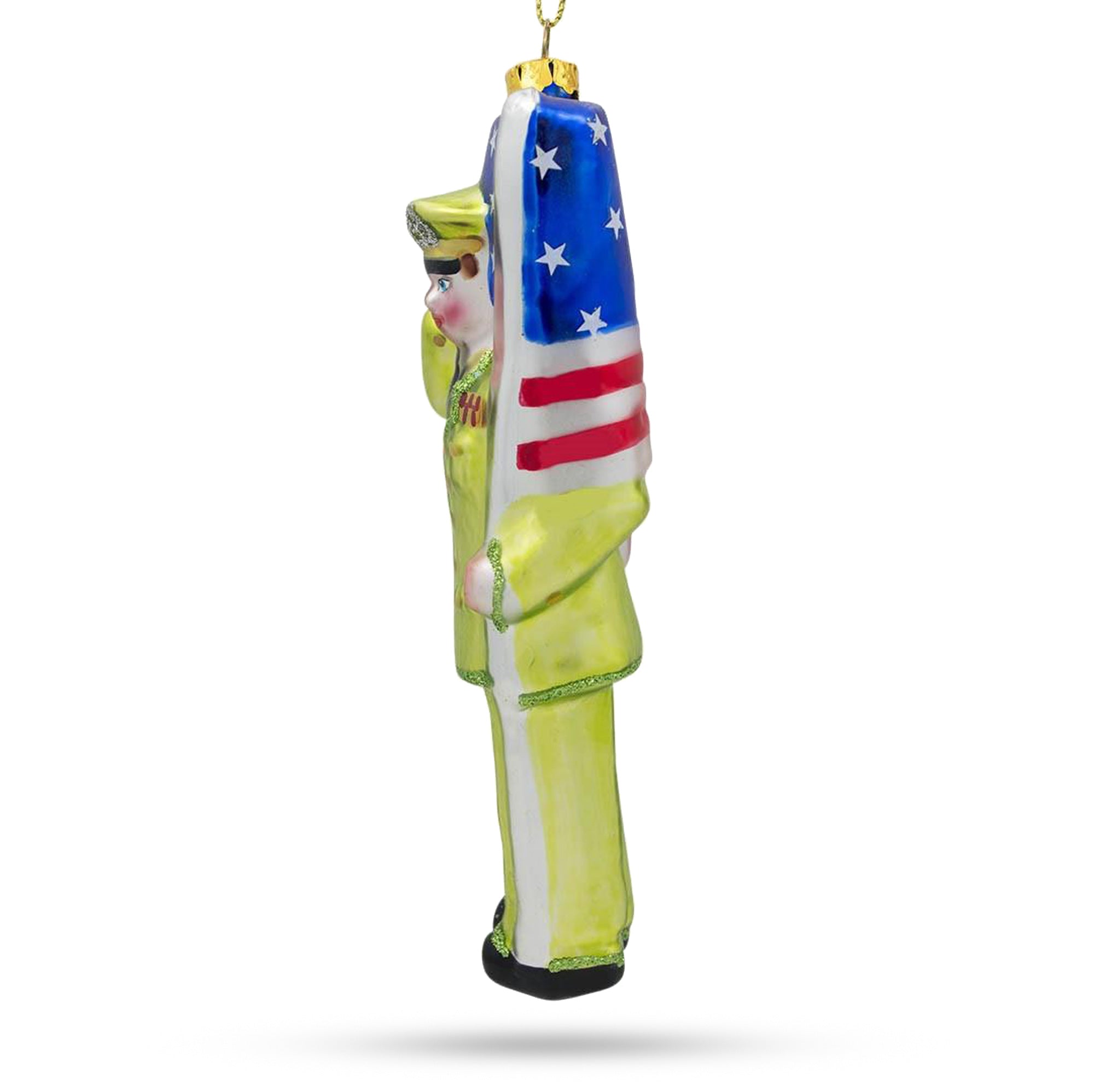 Usa Army Soldier With Flag - Handcrafted Blown Glass Christmas Ornament