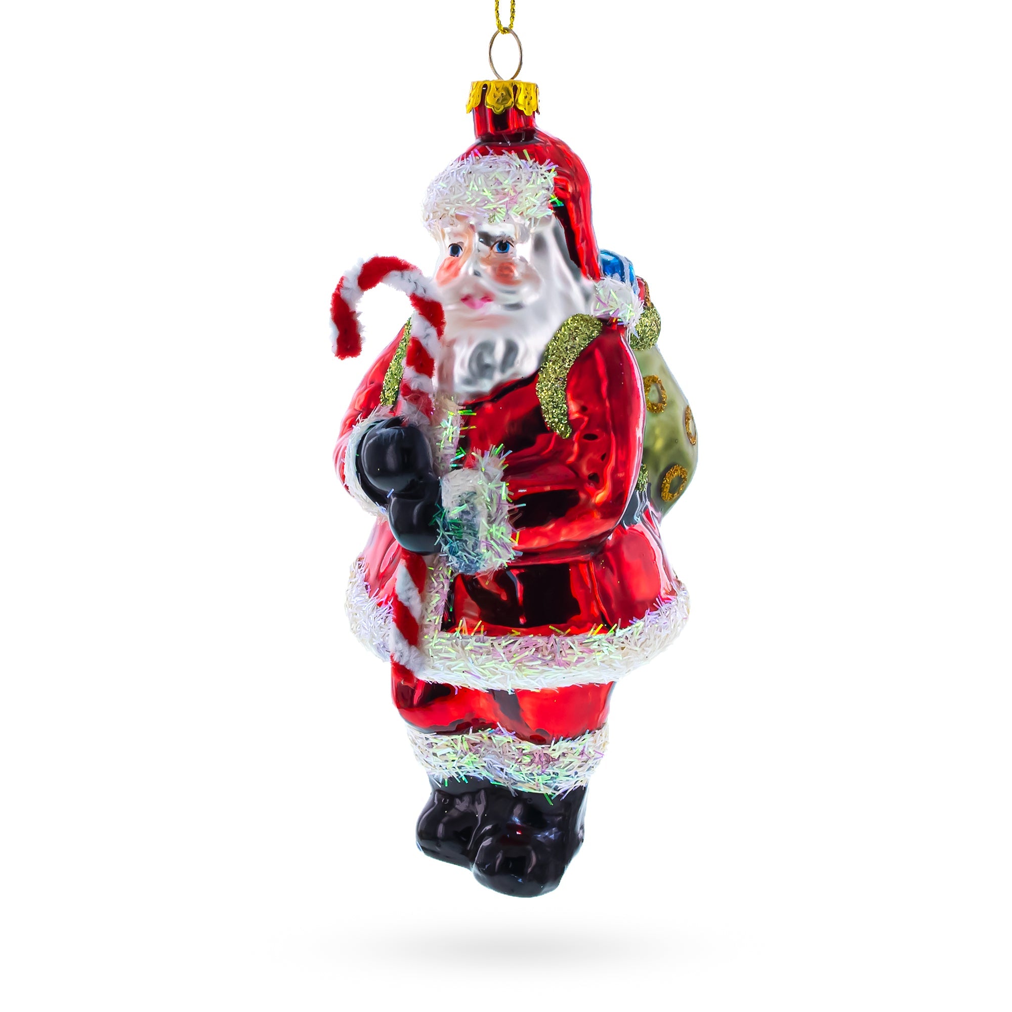 Santa Claus Holding Candy Cane And Gifts - Festive Blown Glass Christmas Ornament