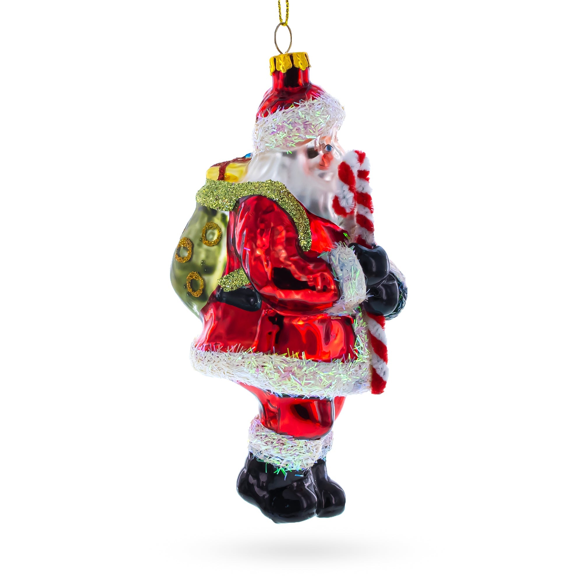 Santa Claus Holding Candy Cane And Gifts - Festive Blown Glass Christmas Ornament