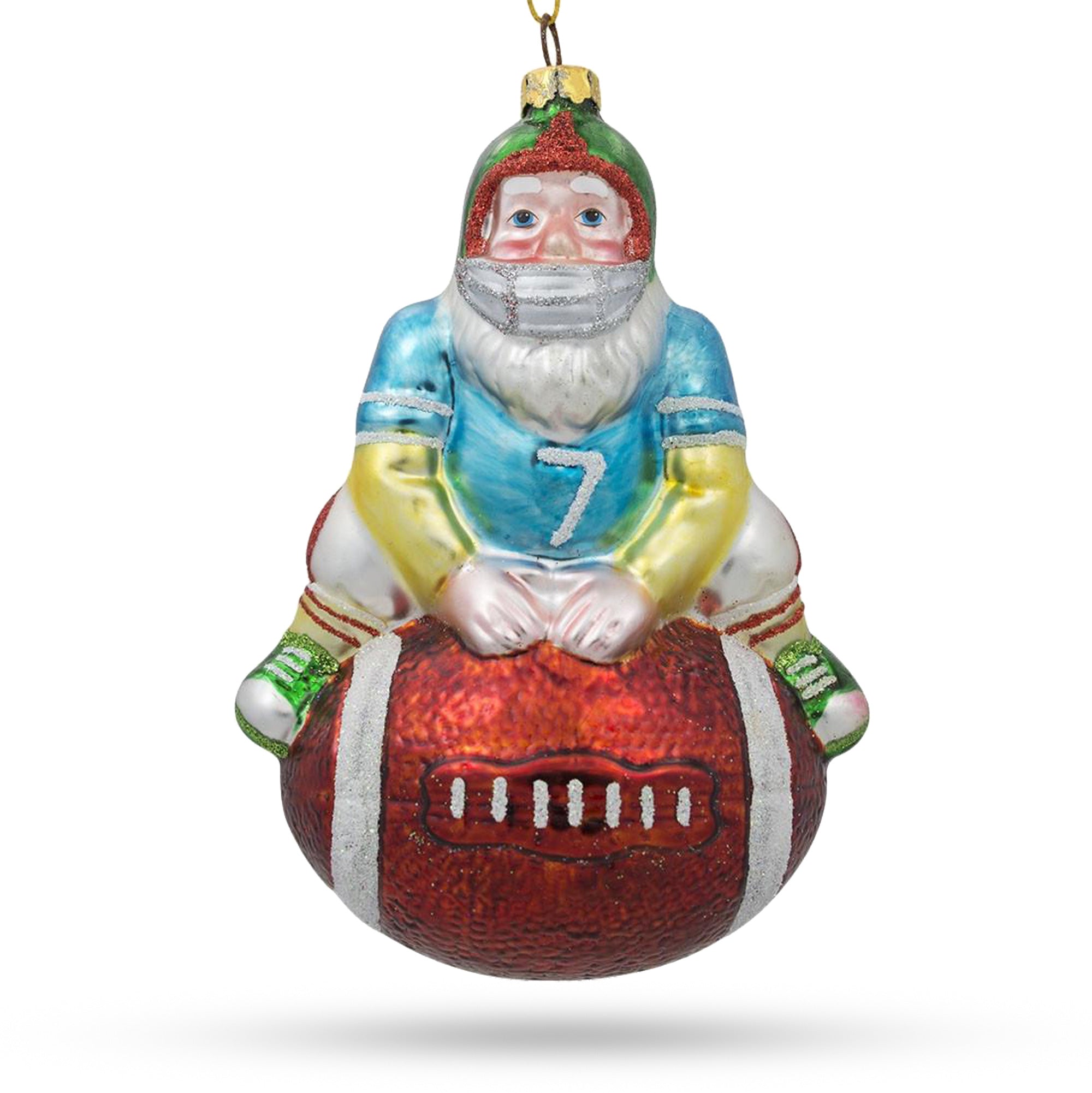 Santa Claus Football Player With Sports Ball - Festive Blown Glass Christmas Ornament