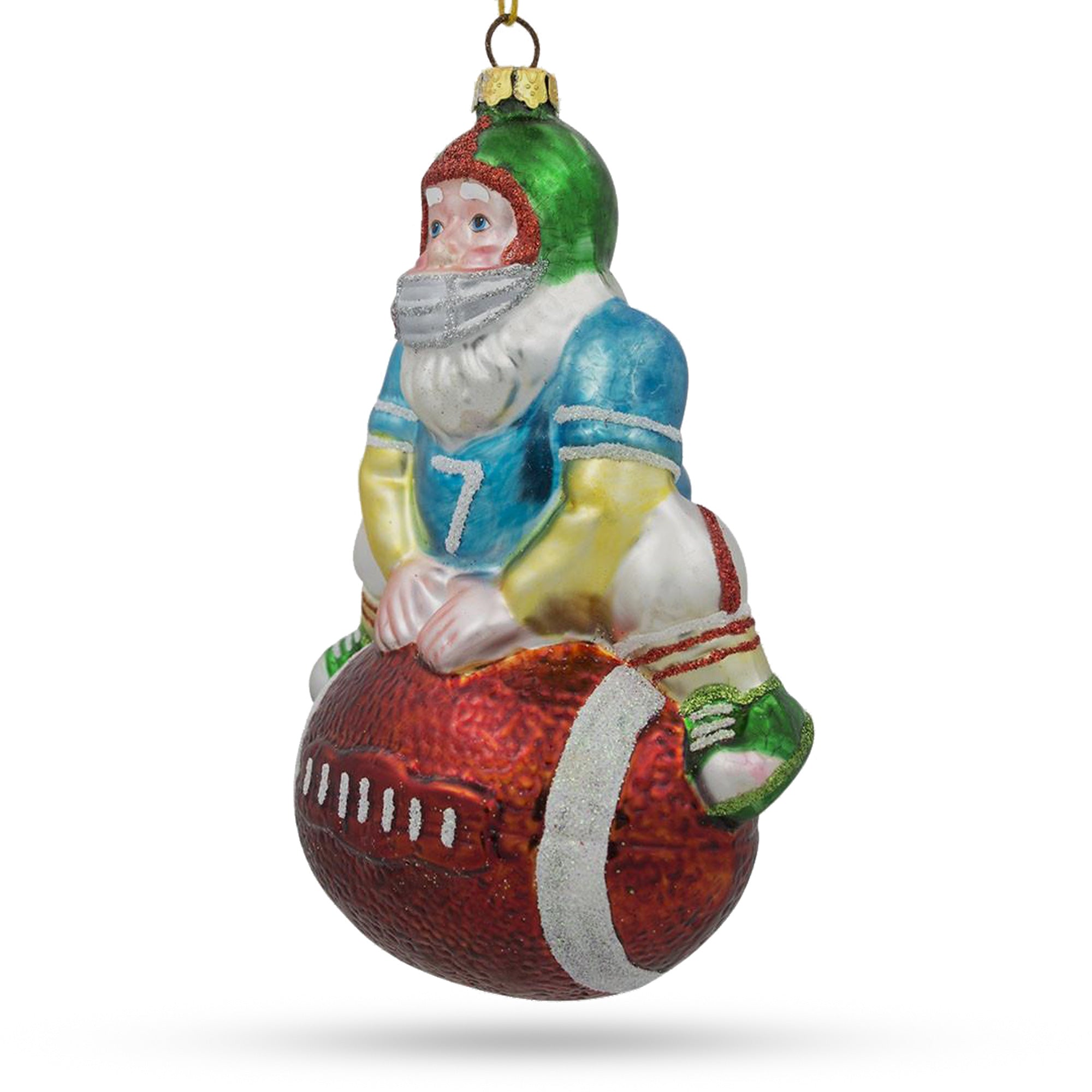 Santa Claus Football Player With Sports Ball - Festive Blown Glass Christmas Ornament