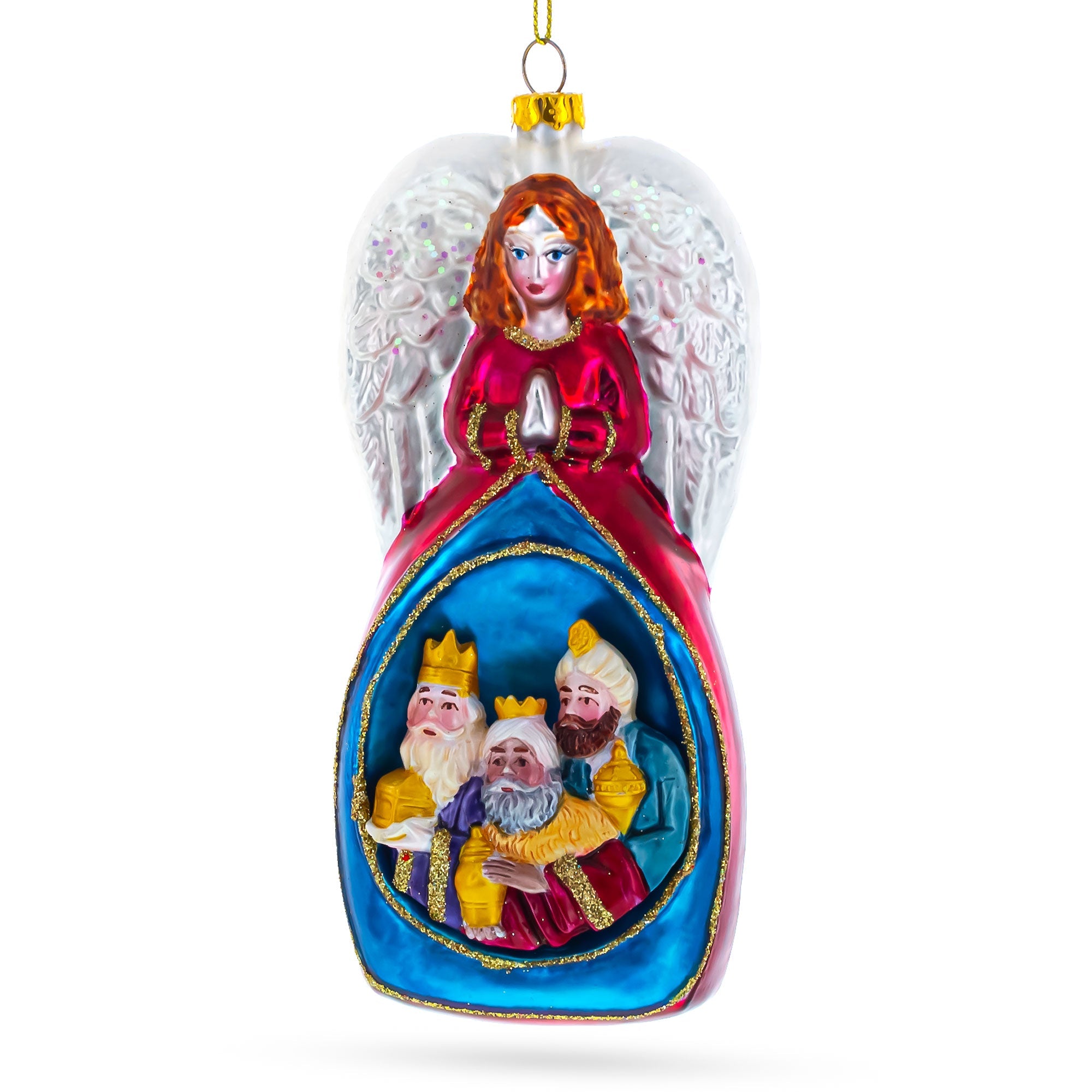 Nativity Scene Angel And Three Wiremen - Divine Blown Glass Christmas Ornament