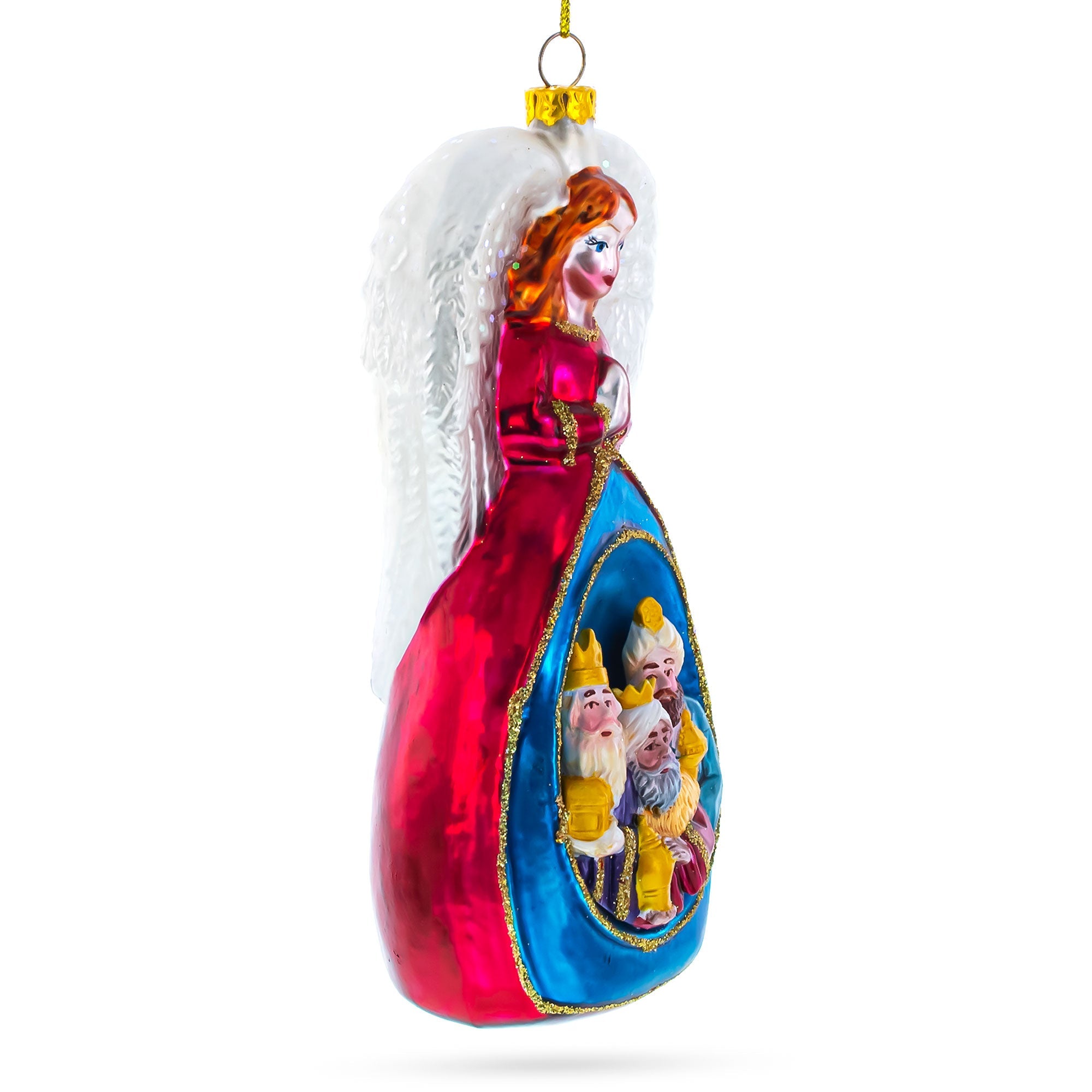 Nativity Scene Angel And Three Wiremen - Divine Blown Glass Christmas Ornament