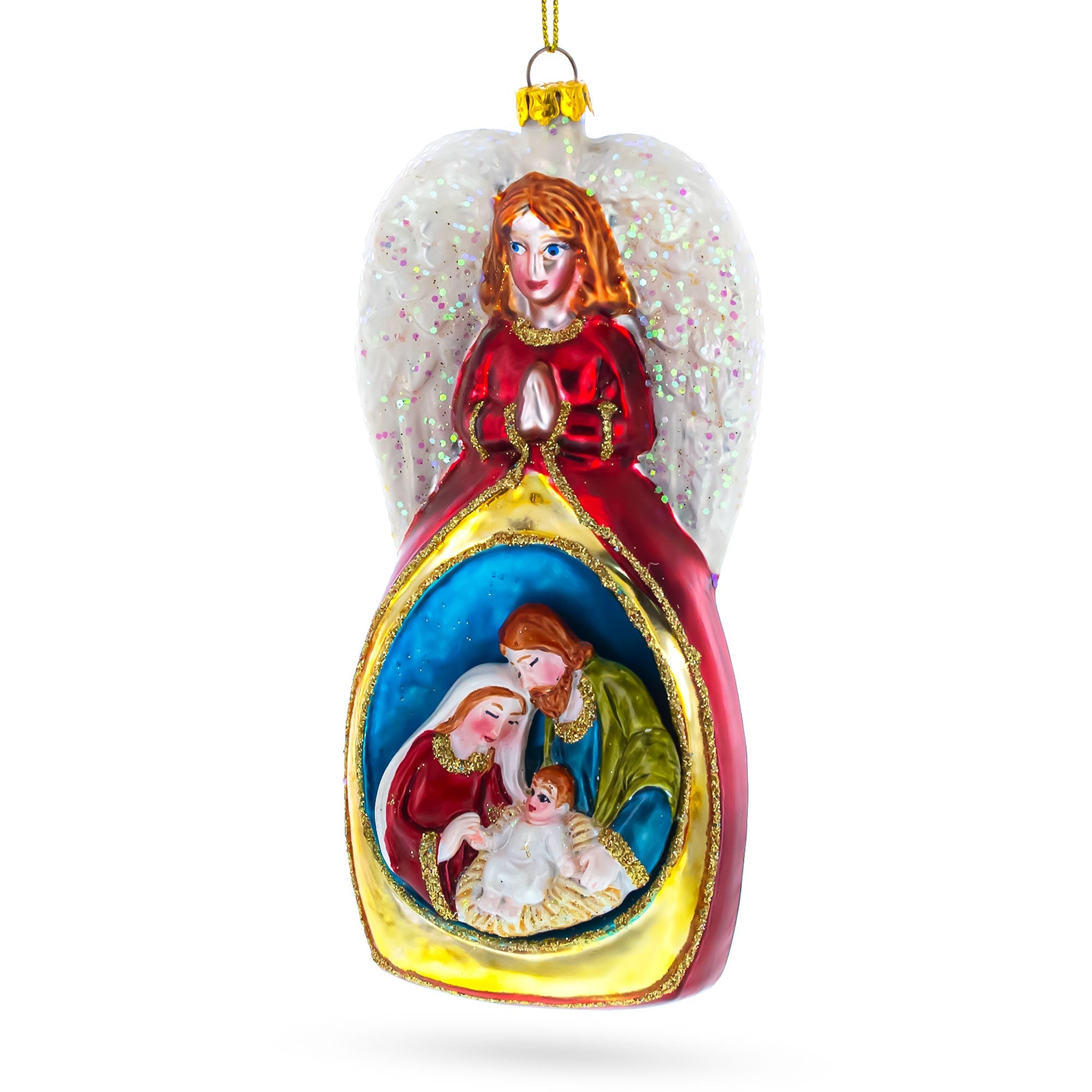 Heavenly Angel Above Nativity Scene - Divine Blown Glass Christmas Ornament