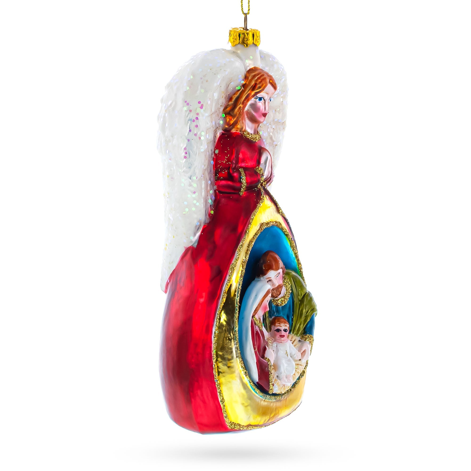 Heavenly Angel Above Nativity Scene - Divine Blown Glass Christmas Ornament