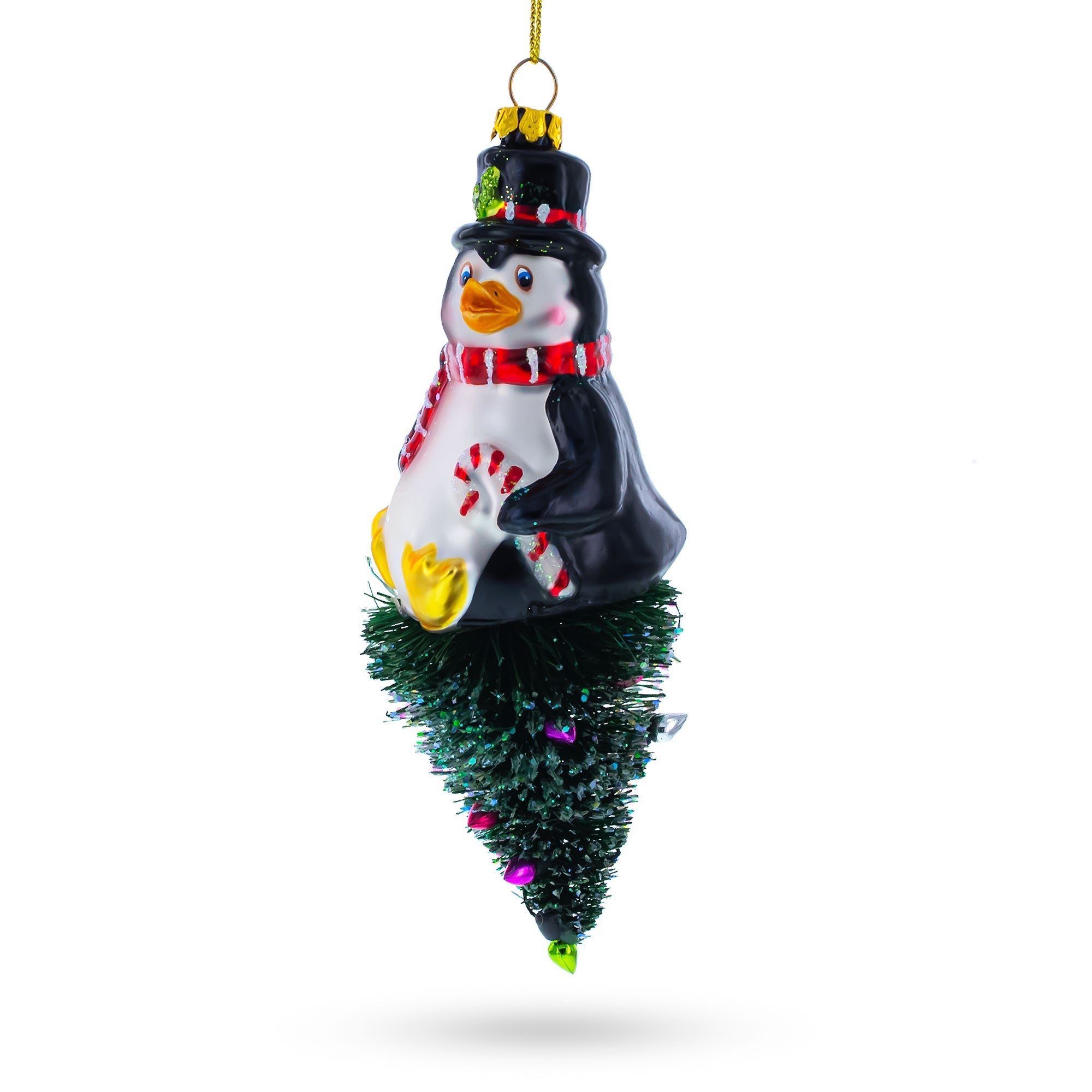 Playful Penguin On Upside Down Tree - Handcrafted Blown Glass Christmas Ornament