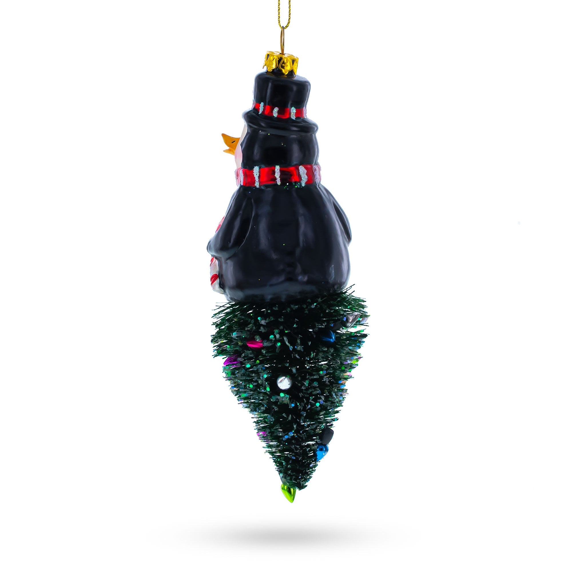 Playful Penguin On Upside Down Tree - Handcrafted Blown Glass Christmas Ornament