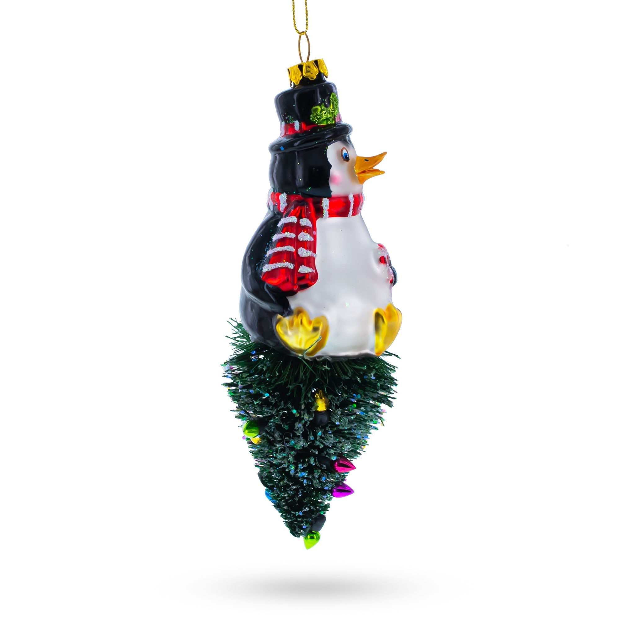 Playful Penguin On Upside Down Tree - Handcrafted Blown Glass Christmas Ornament