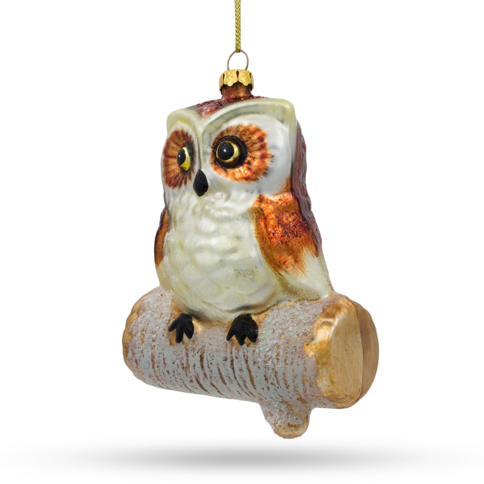 Wise Owl Sitting On A Branch - Handcrafted Blown Glass Christmas Ornament