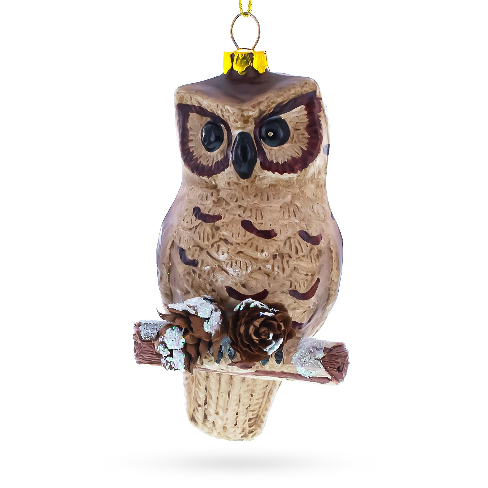 Wise Owl Perched On Branch - Handcrafted Blown Glass Christmas Ornament