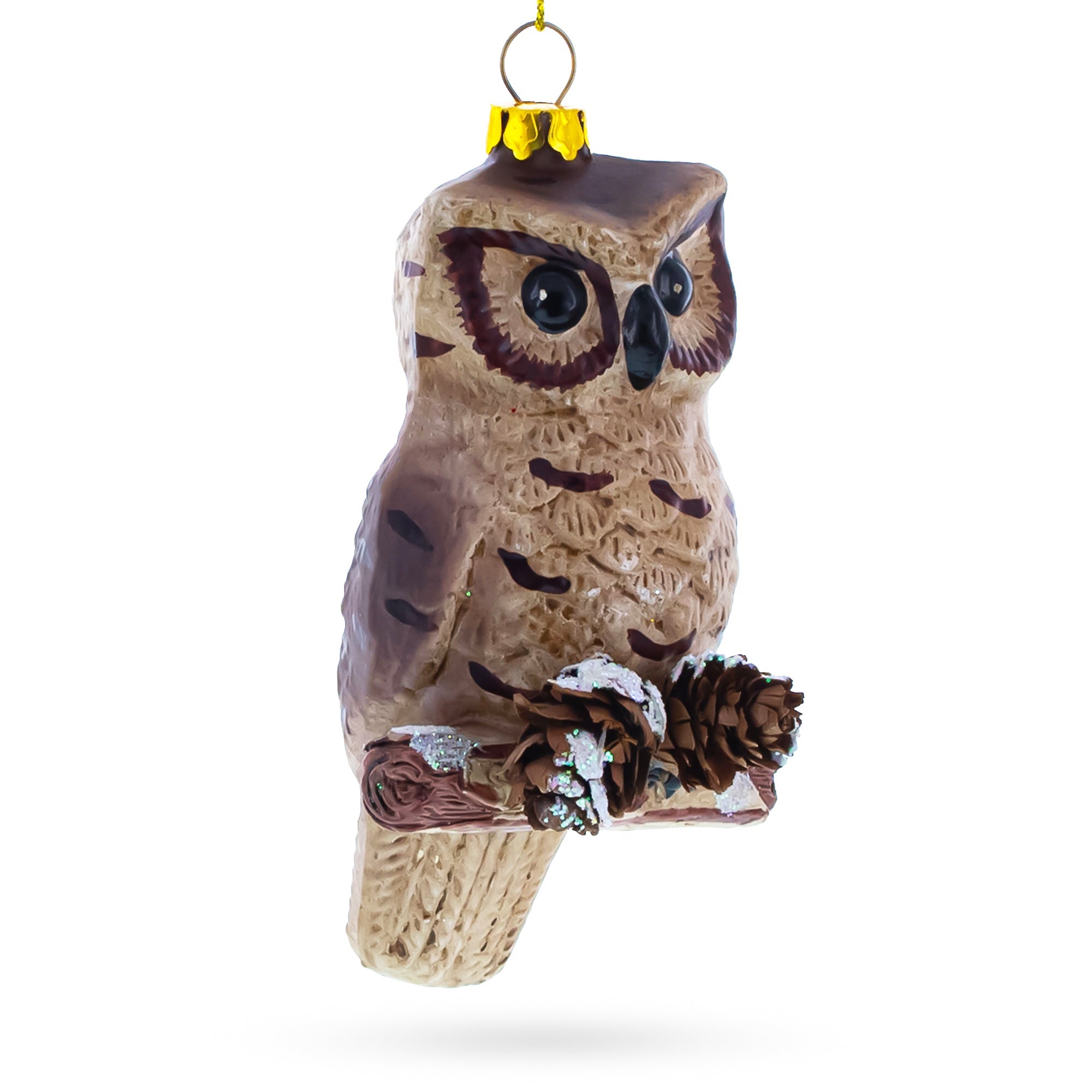 Wise Owl Perched On Branch - Handcrafted Blown Glass Christmas Ornament