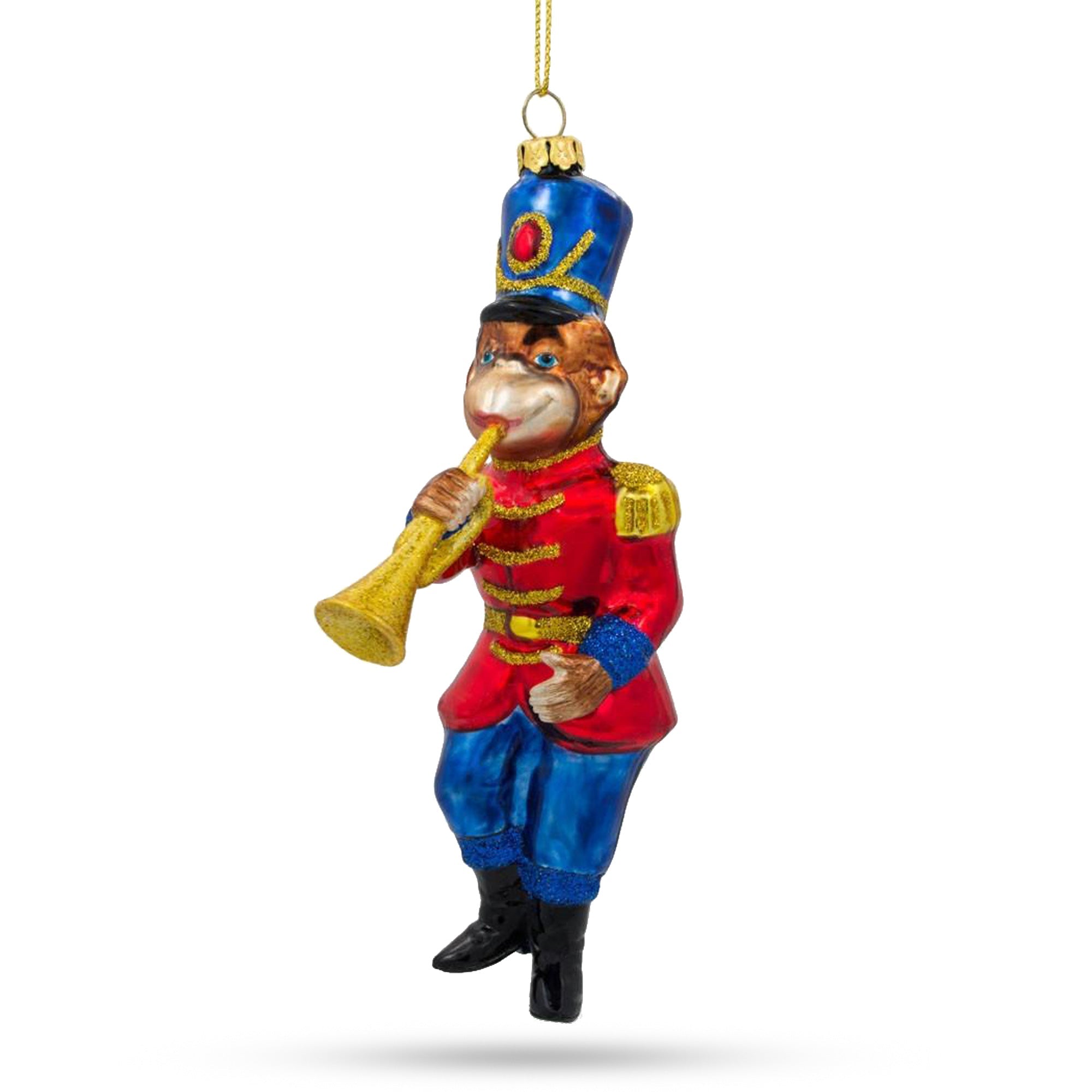 Cheerful Monkey Nutcracker With Trumpet - Blown Glass Christmas Ornament