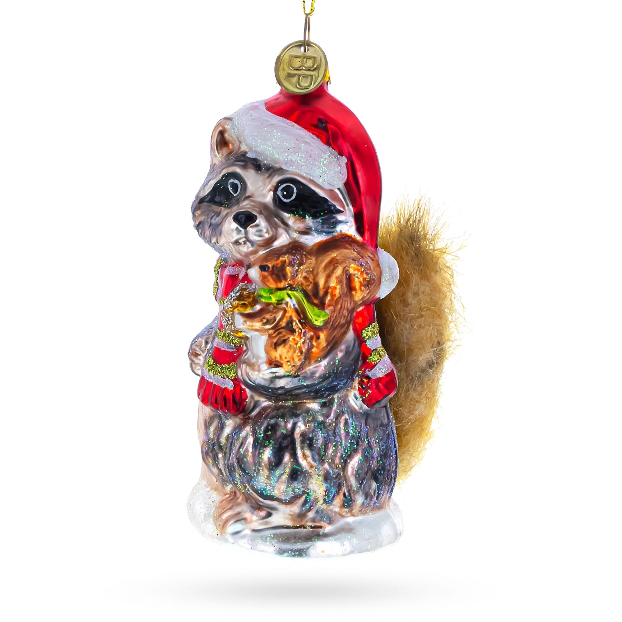 Charming Raccoon Holding Squirrel - Blown Glass Christmas Ornament