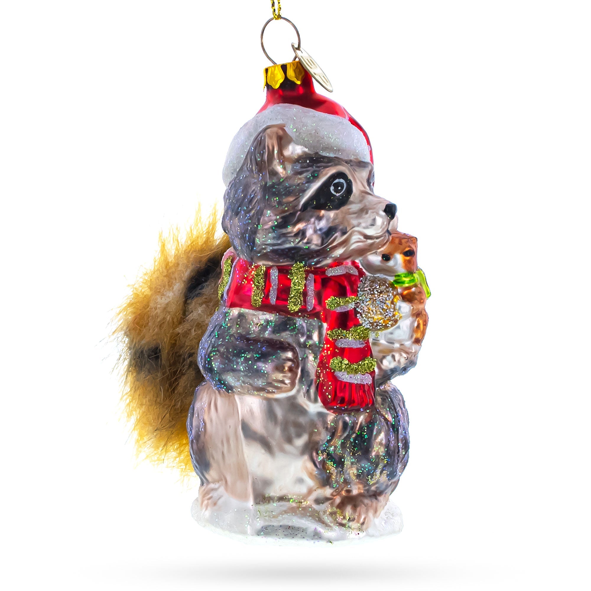 Charming Raccoon Holding Squirrel - Blown Glass Christmas Ornament