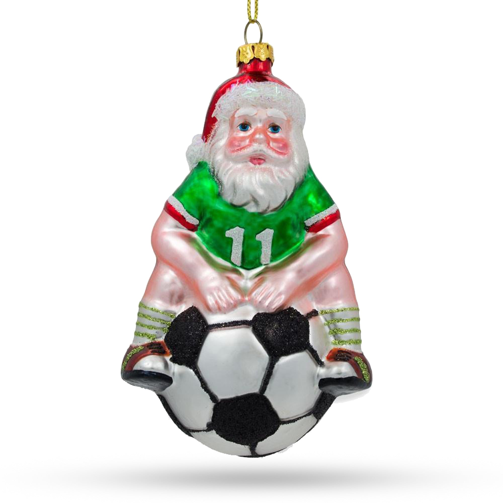 Festive Santa Seated On Soccer Ball - Blown Glass Christmas Ornament