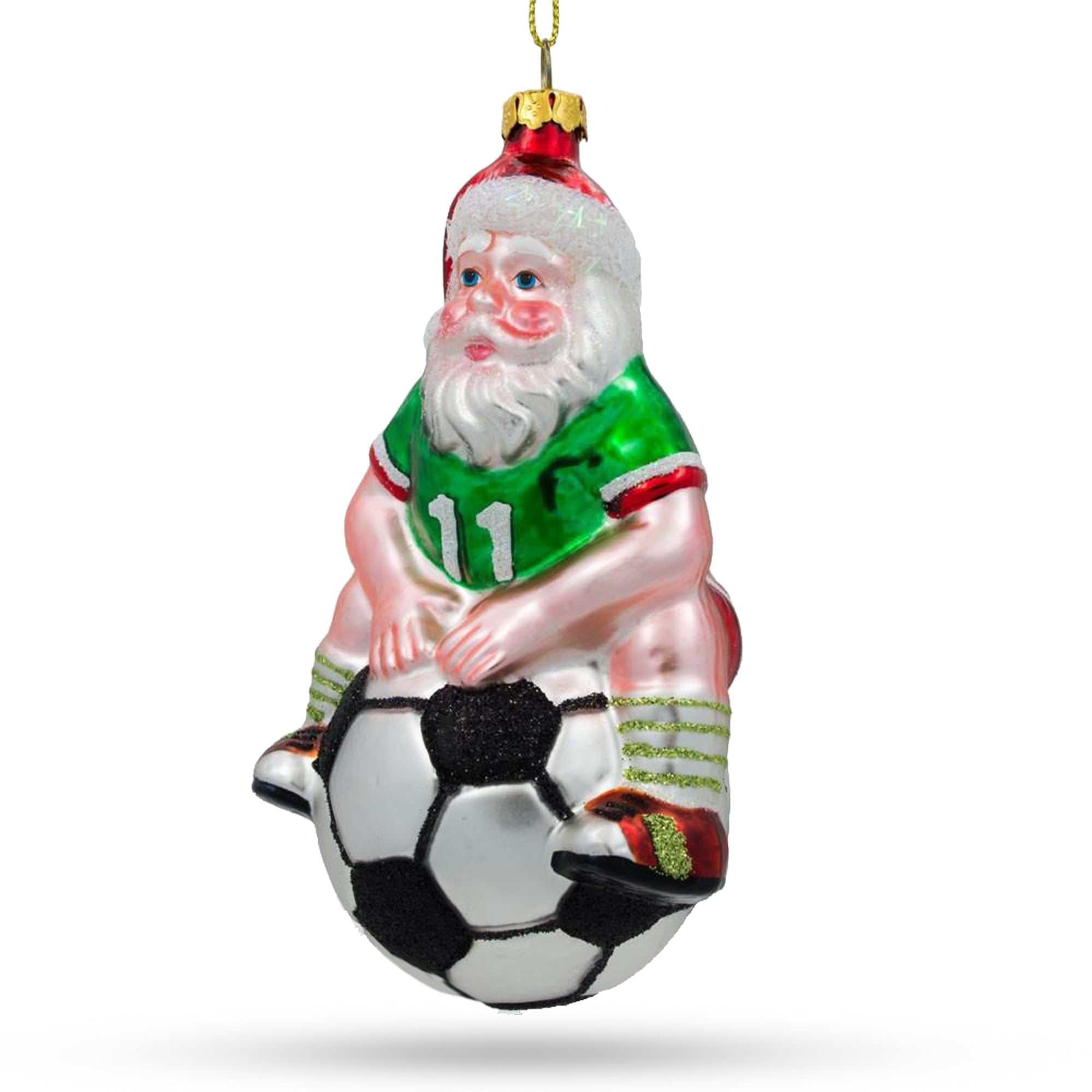 Festive Santa Seated On Soccer Ball - Blown Glass Christmas Ornament