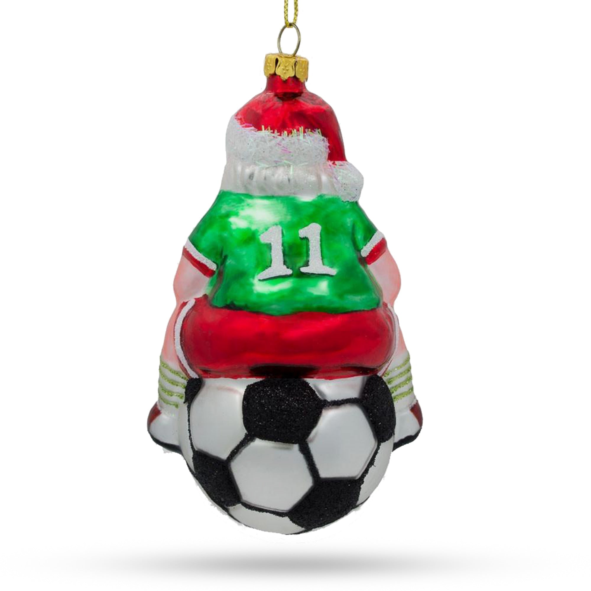 Festive Santa Seated On Soccer Ball - Blown Glass Christmas Ornament