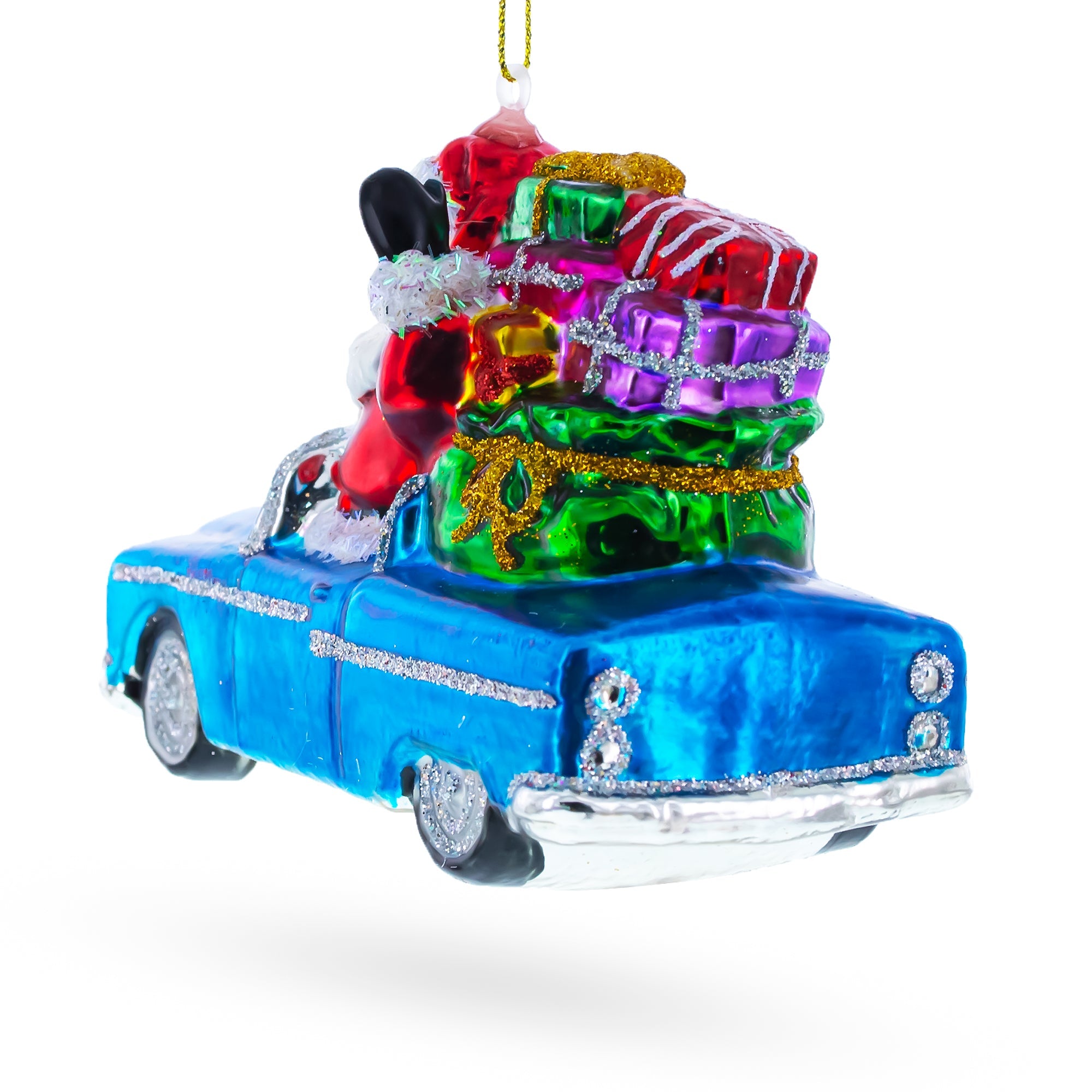 Jolly Santa In Convertible Car Loaded With Gifts - Blown Glass Christmas Ornament