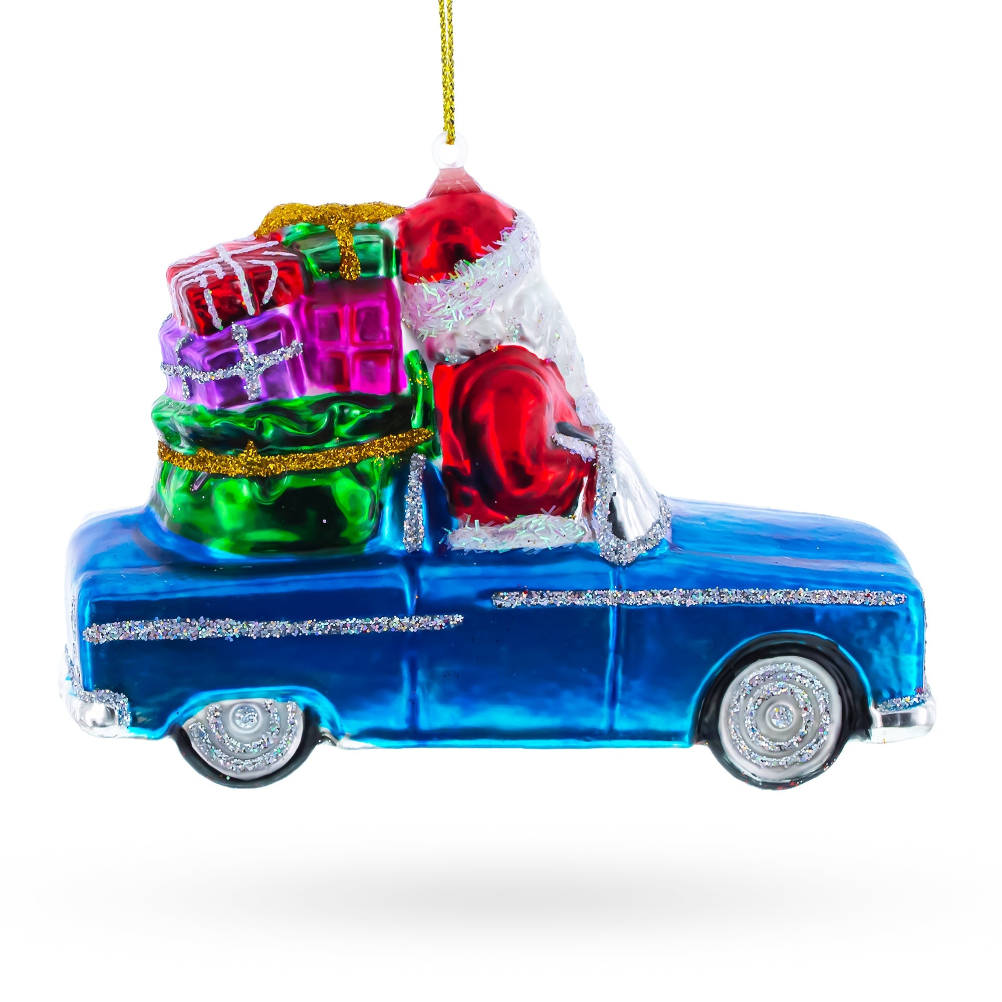 Jolly Santa In Convertible Car Loaded With Gifts - Blown Glass Christmas Ornament