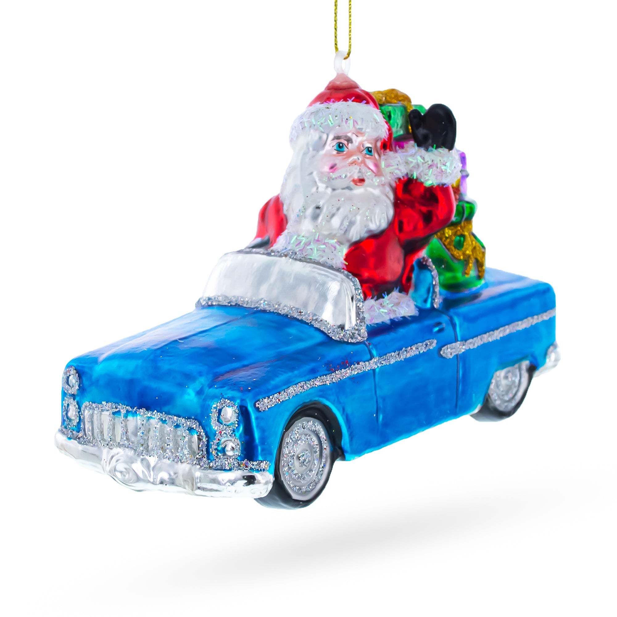 Jolly Santa In Convertible Car Loaded With Gifts - Blown Glass Christmas Ornament