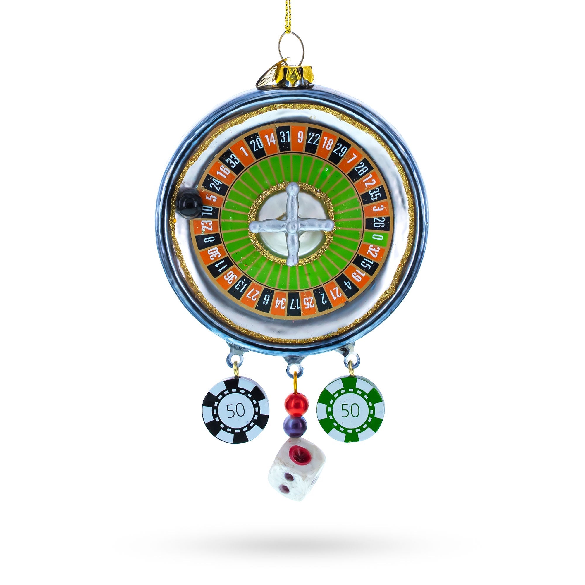 Festive Roulette And Casino Poker Chip - Blown Glass Christmas Ornament