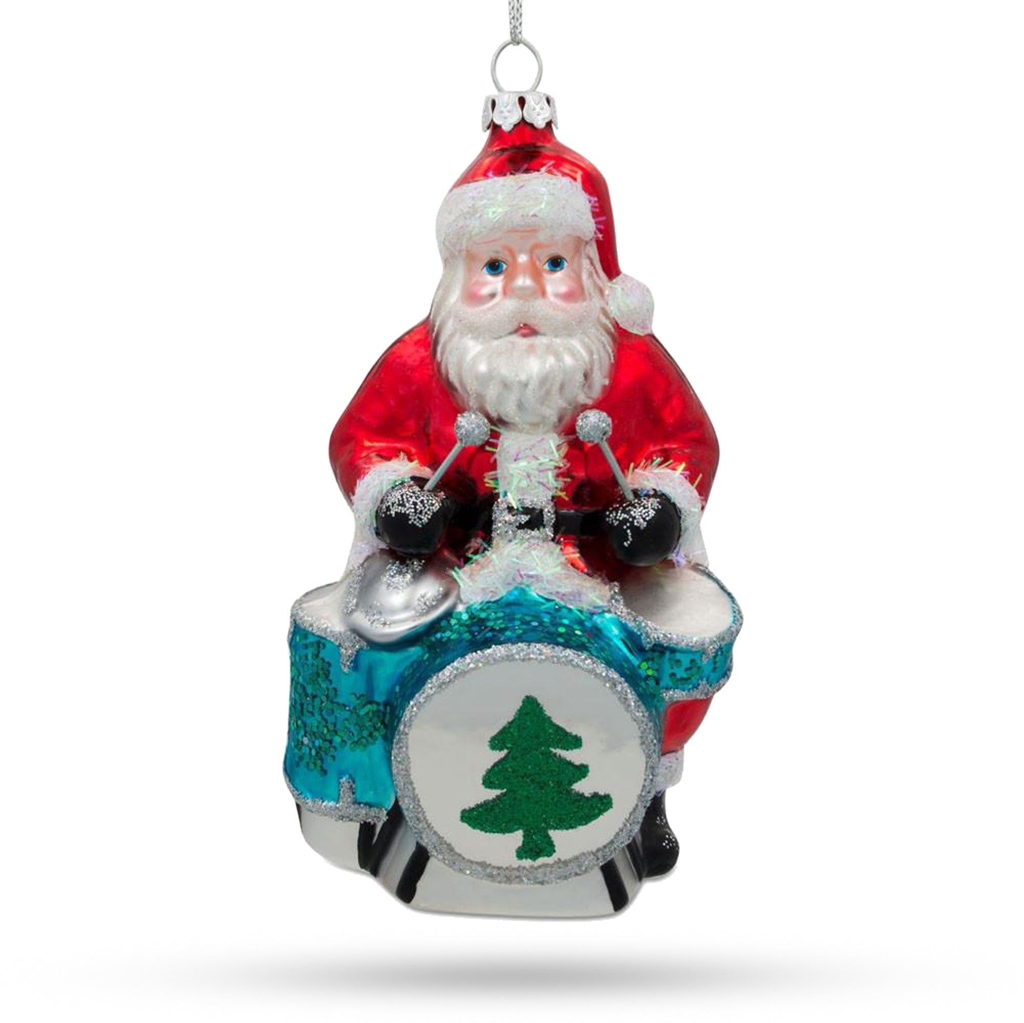 Rhythmic Santa Playing Drums - Blown Glass Christmas Ornament