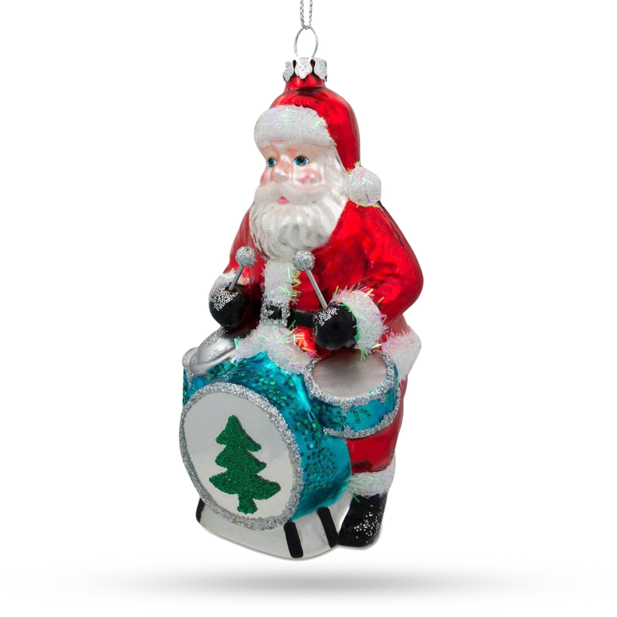 Rhythmic Santa Playing Drums - Blown Glass Christmas Ornament