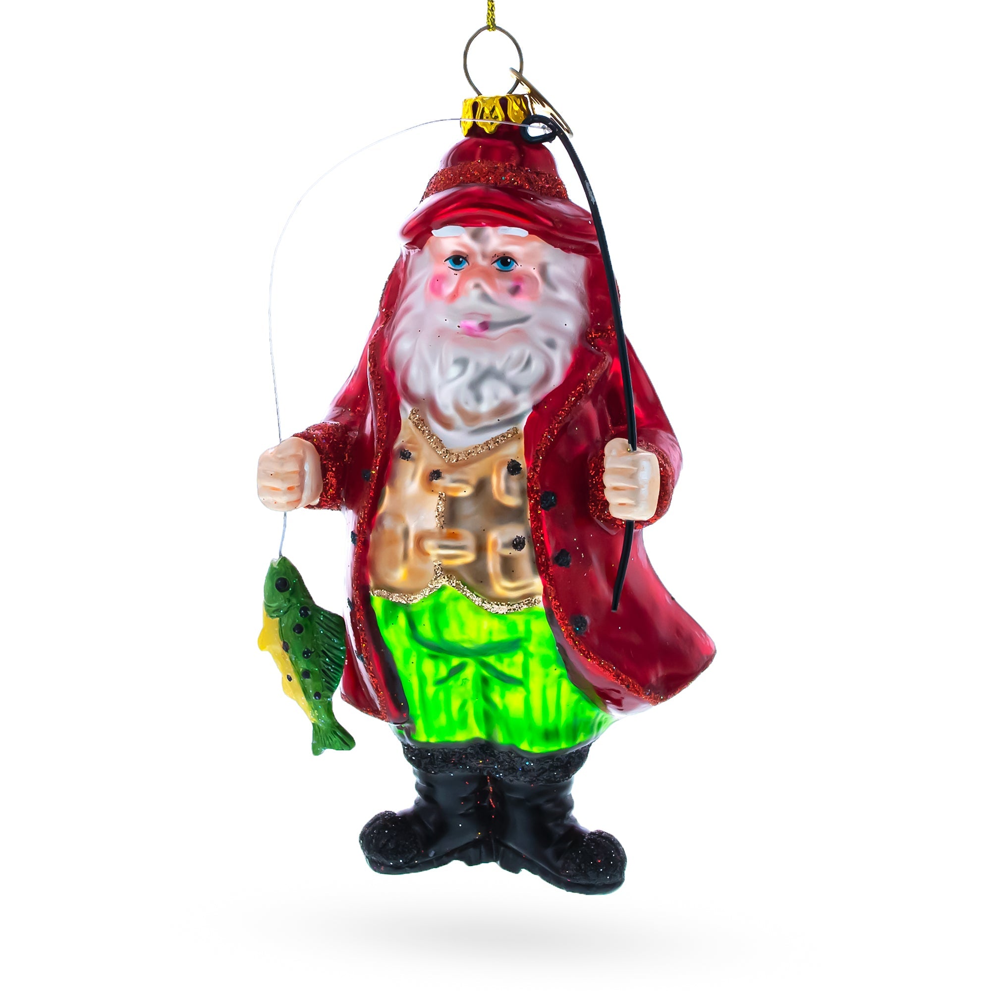 Relaxed Santa Claus Fishing - Blown Glass Christmas Ornament