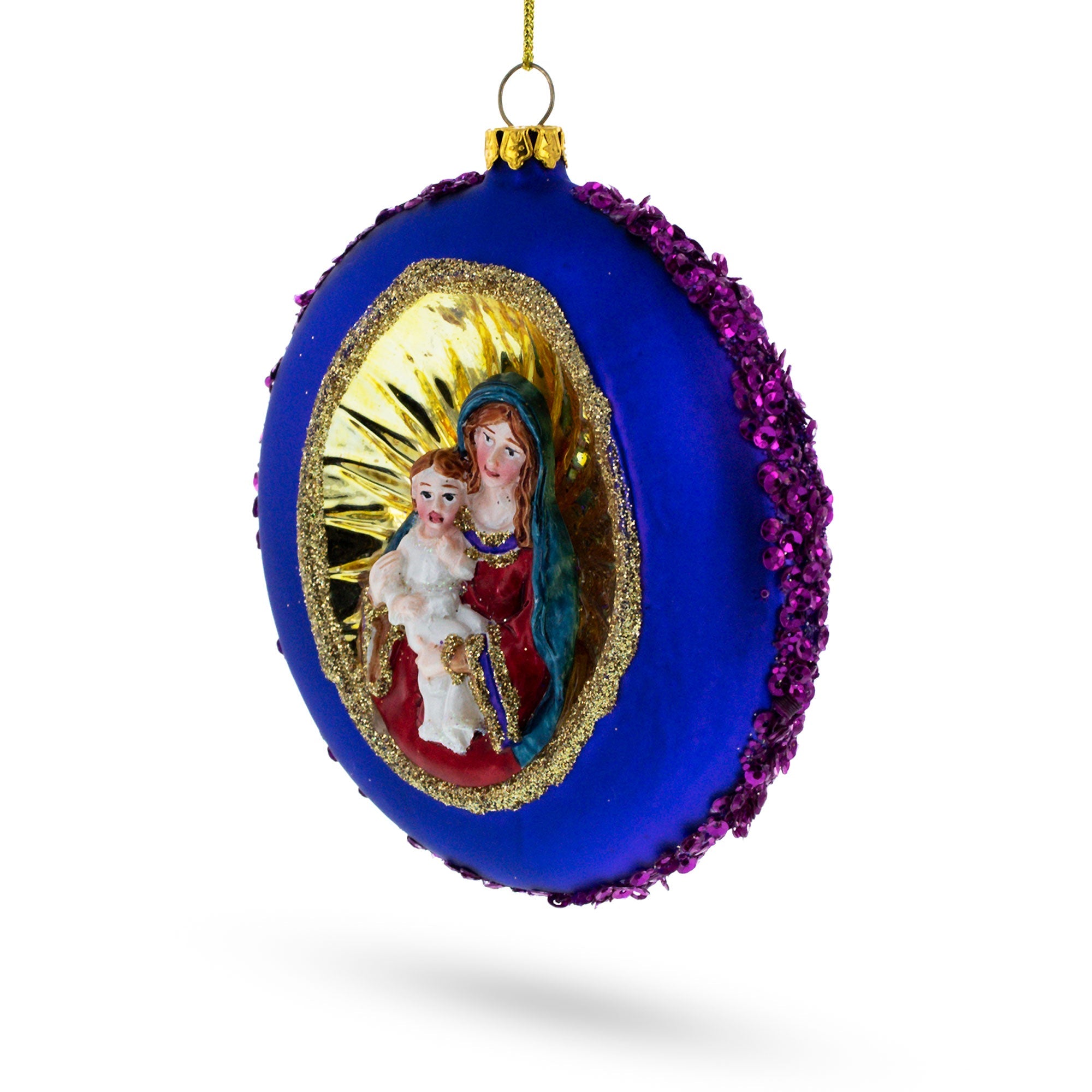 Sacred Mary Holding Jesus On Purple Disc - Blown Glass Christmas Ornament