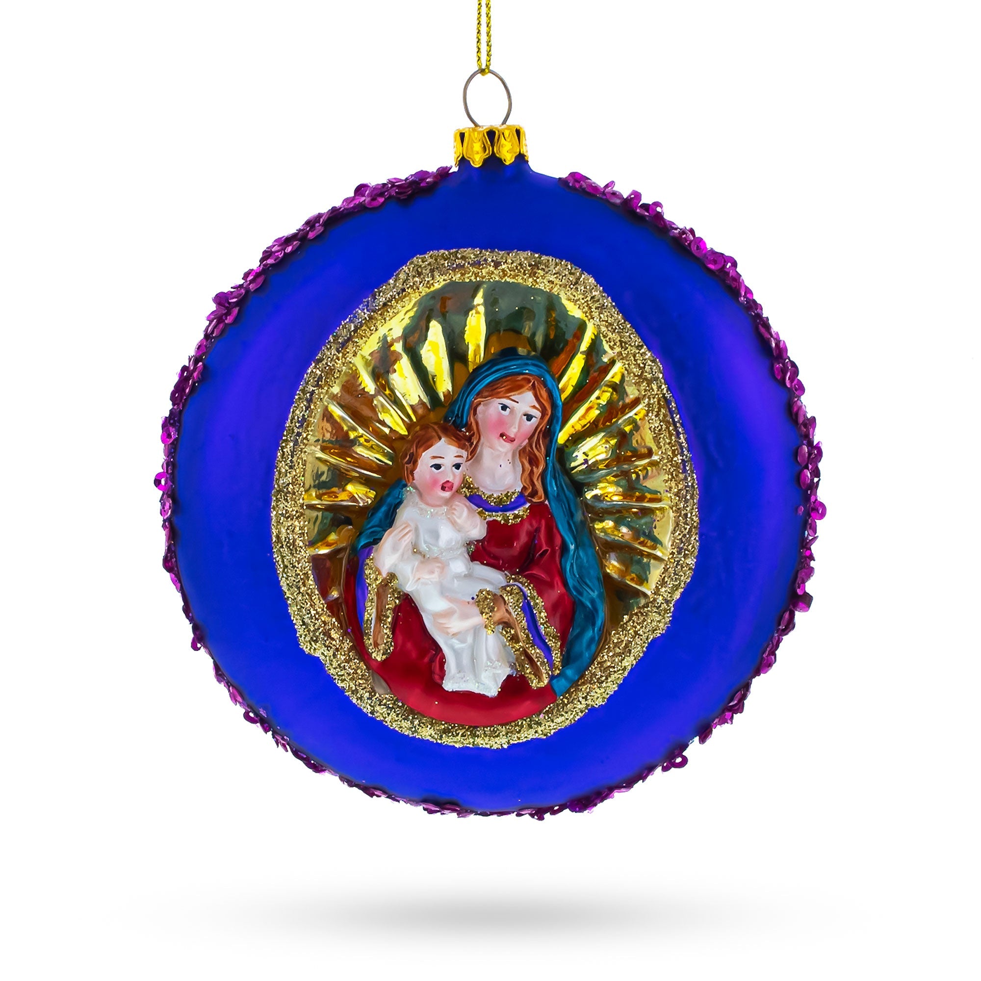 Sacred Mary Holding Jesus On Purple Disc - Blown Glass Christmas Ornament