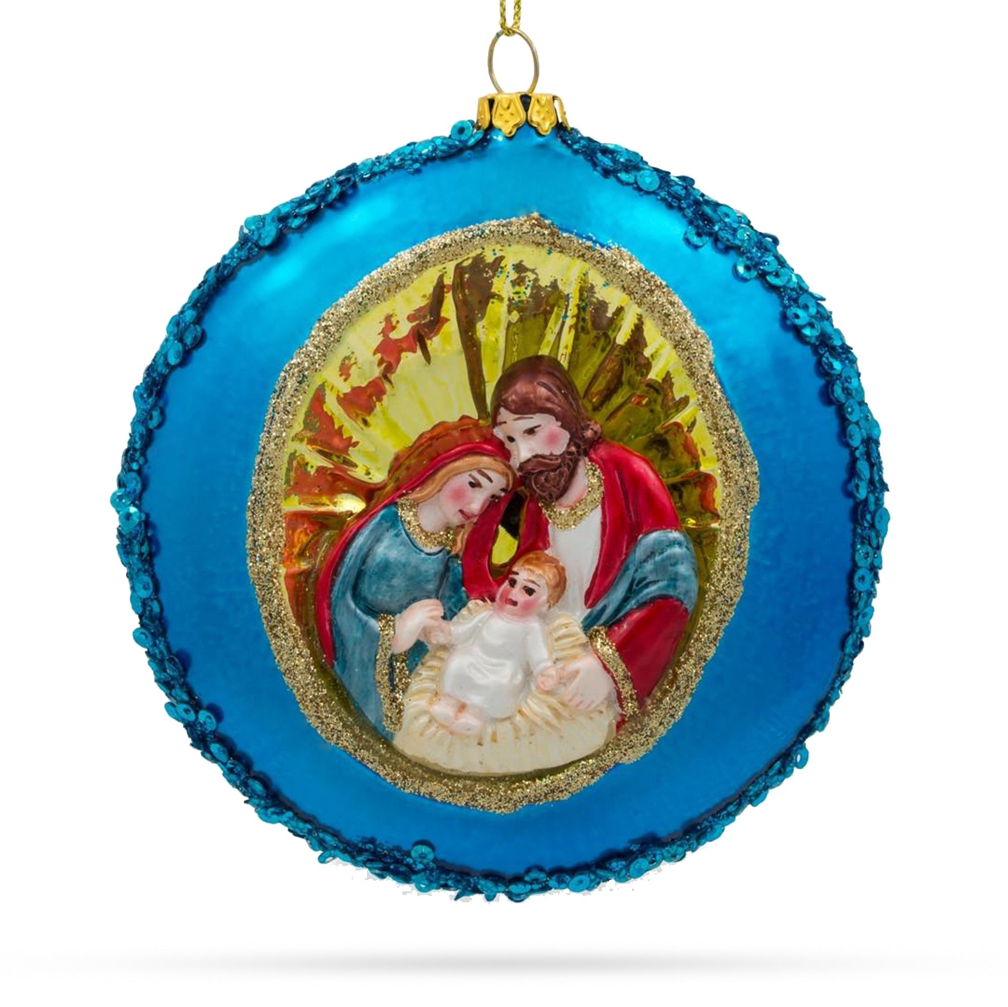 Serene Holy Family On Purple Disc - Blown Glass Christmas Ornament