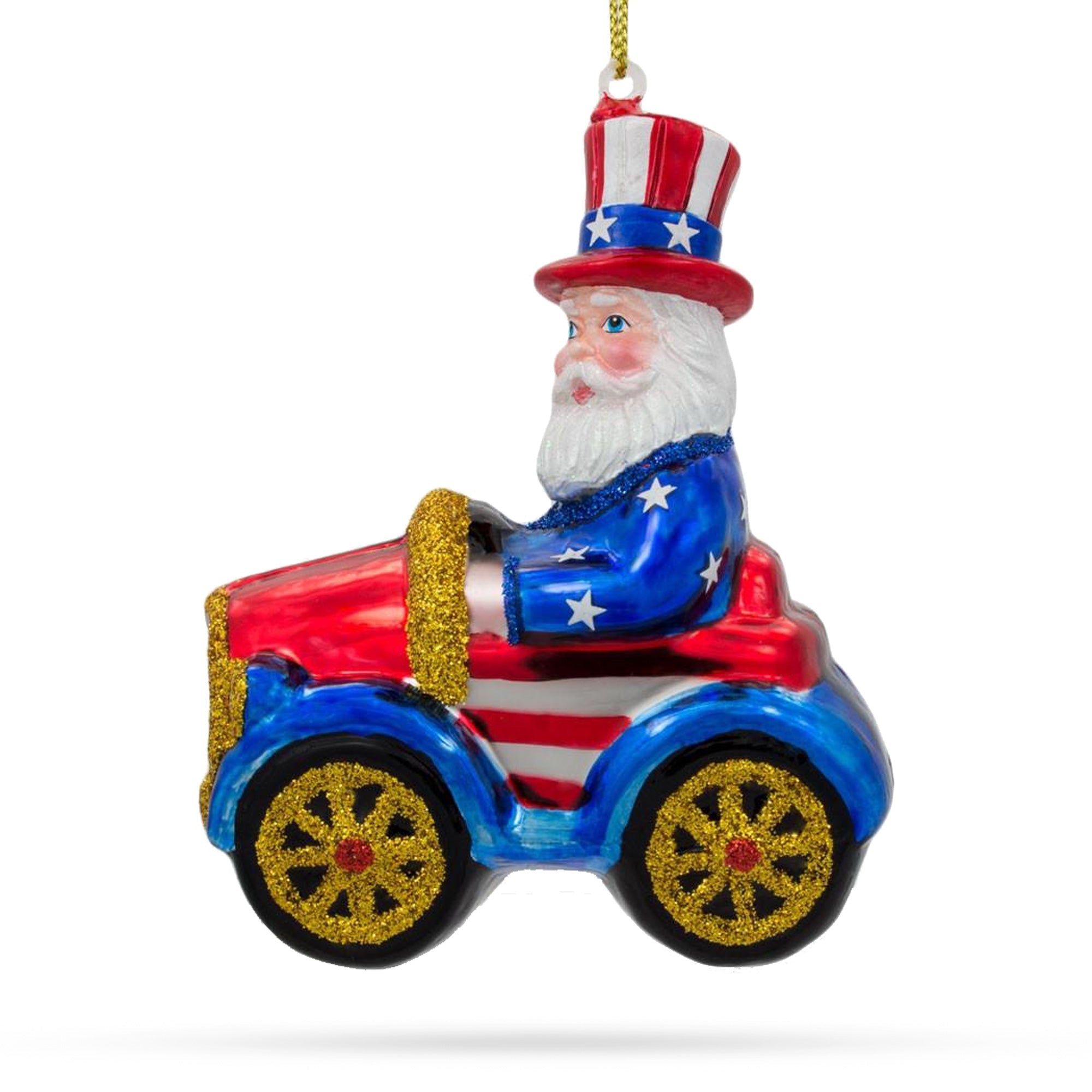 Patriotic Uncle Sam Santa Driving A Car - Blown Glass Christmas Ornament