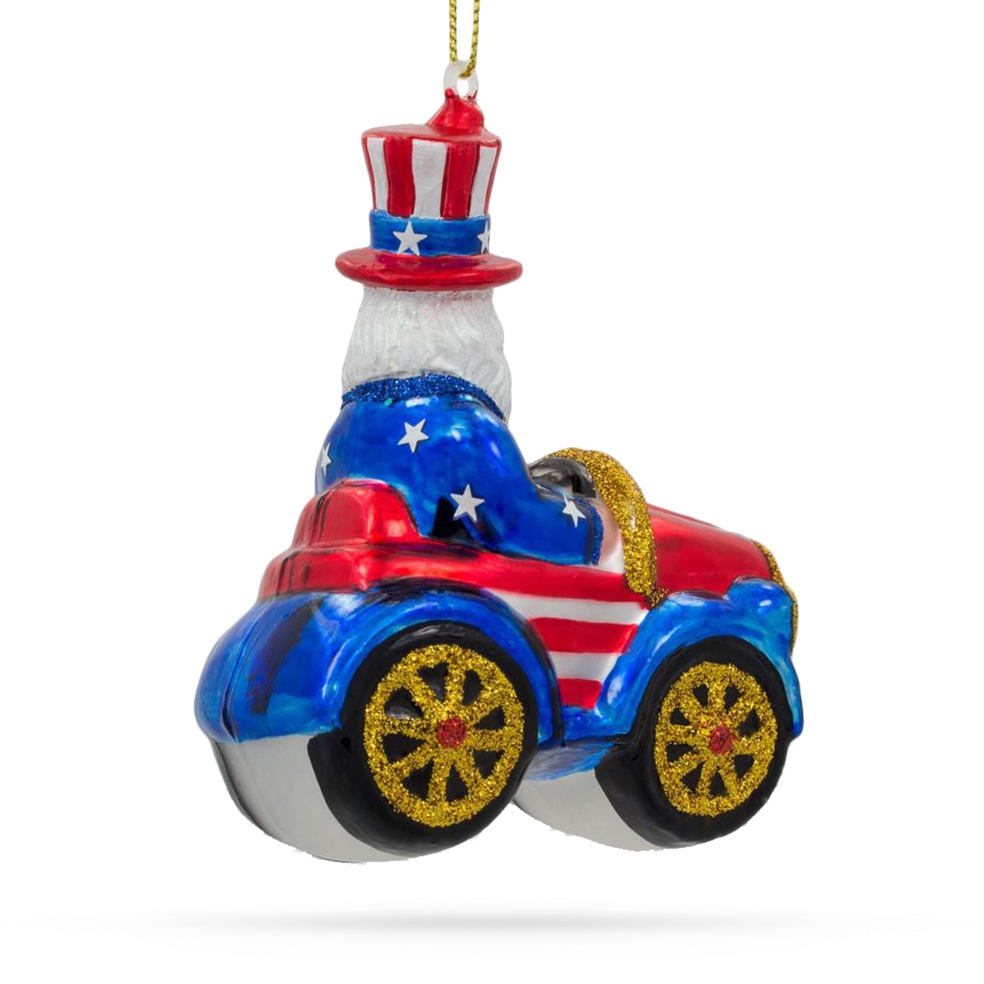 Patriotic Uncle Sam Santa Driving A Car - Blown Glass Christmas Ornament