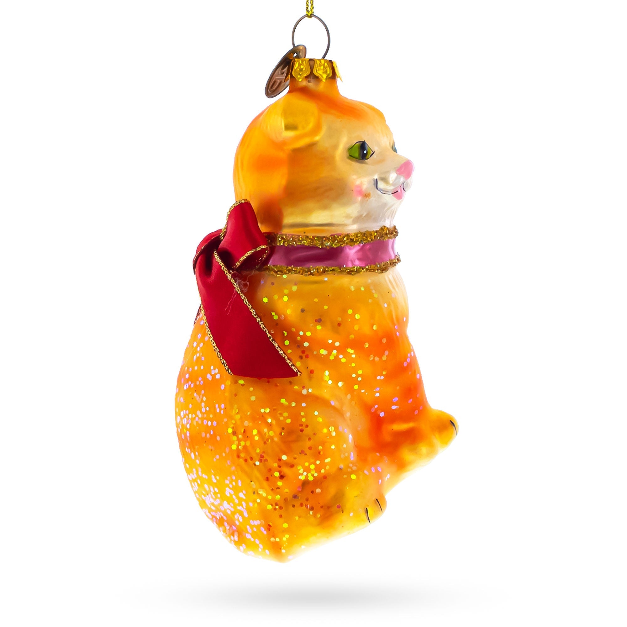 Vibrant Orange Tabby Cat - Blown Glass Christmas Ornament