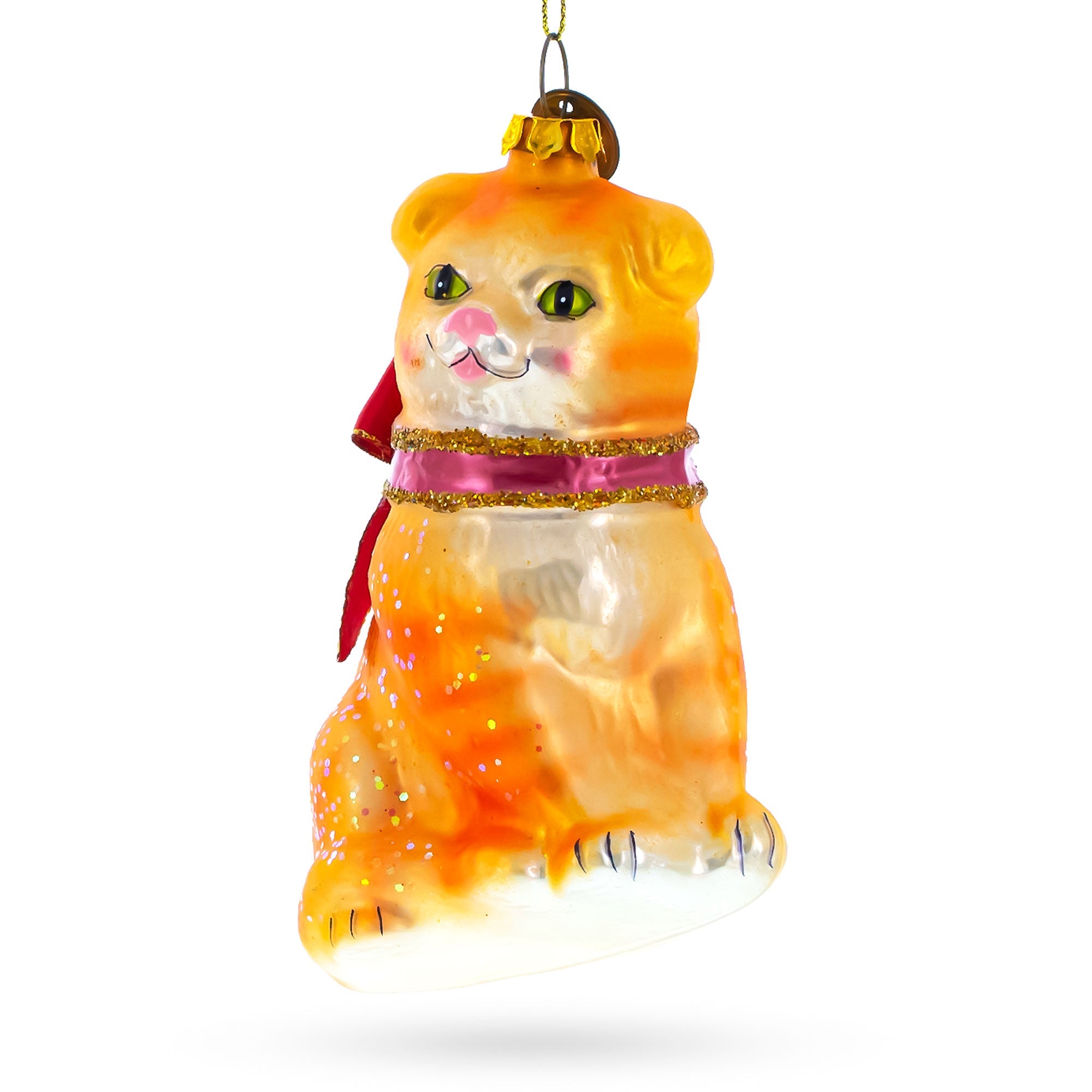 Vibrant Orange Tabby Cat - Blown Glass Christmas Ornament